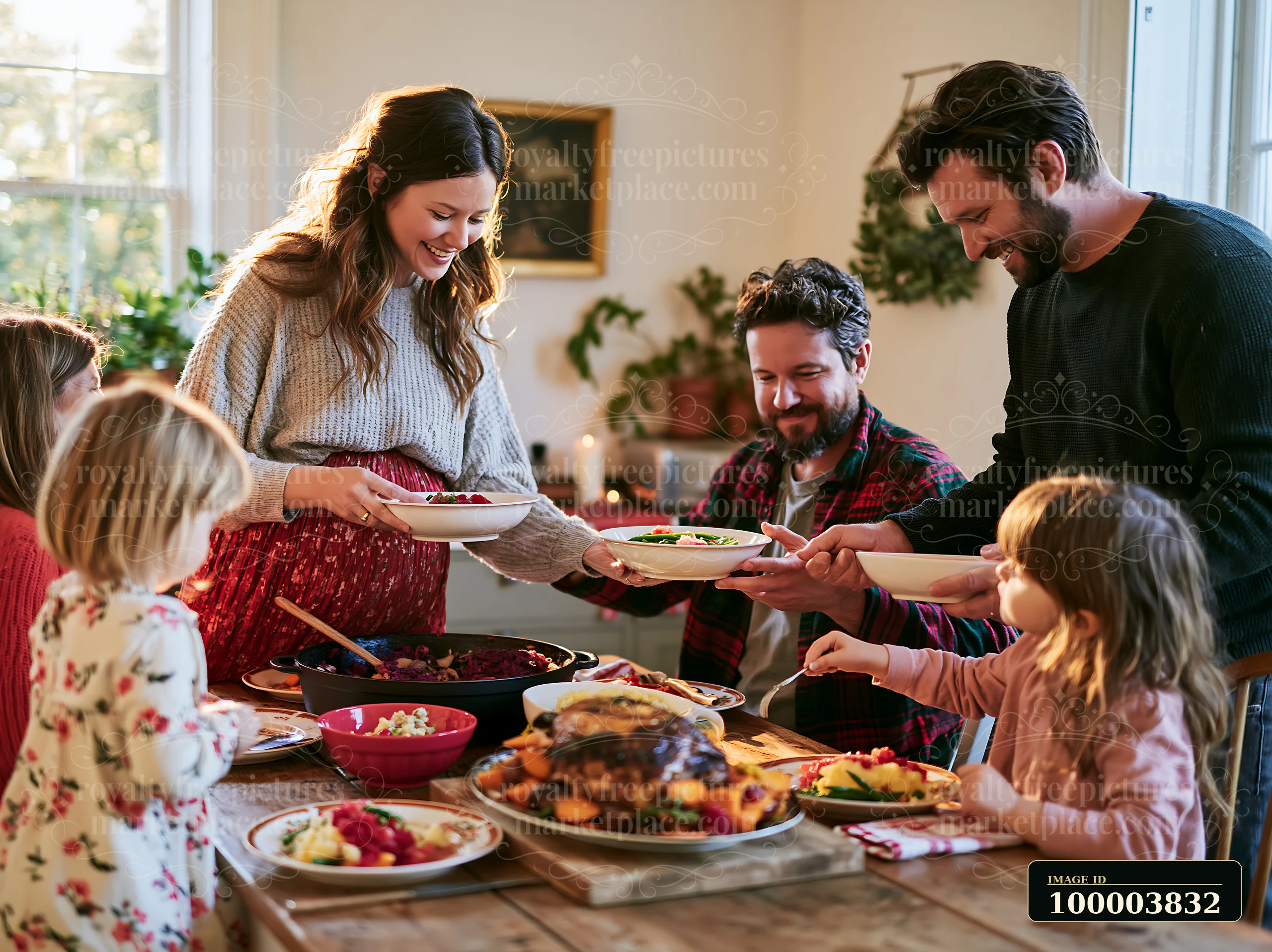 A group of family members shares a holiday meal served family-style with various dishes on the table in a cozy setting.
