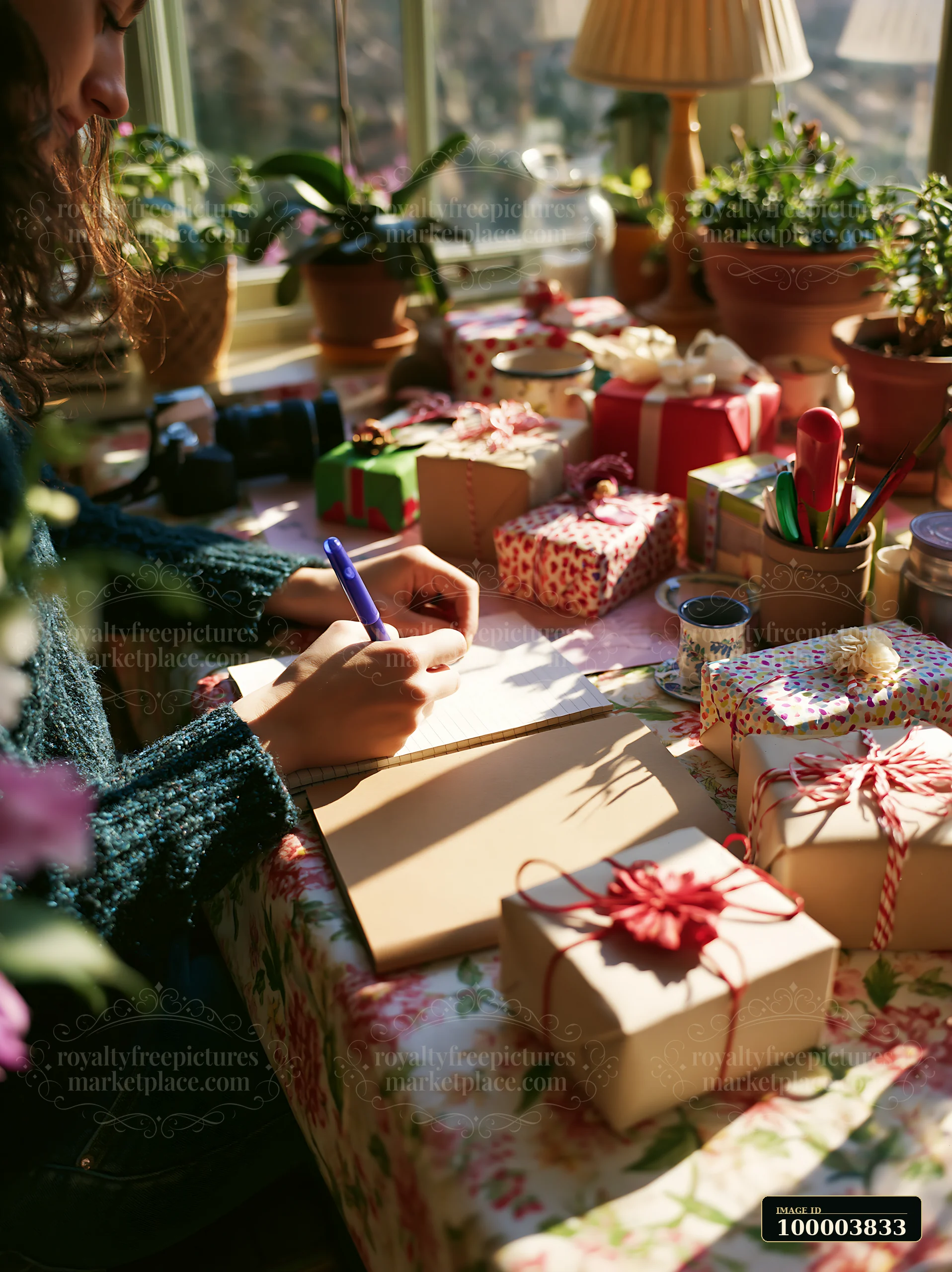 Person writes in a notebook at a desk surrounded by wrapped gifts and potted plants.