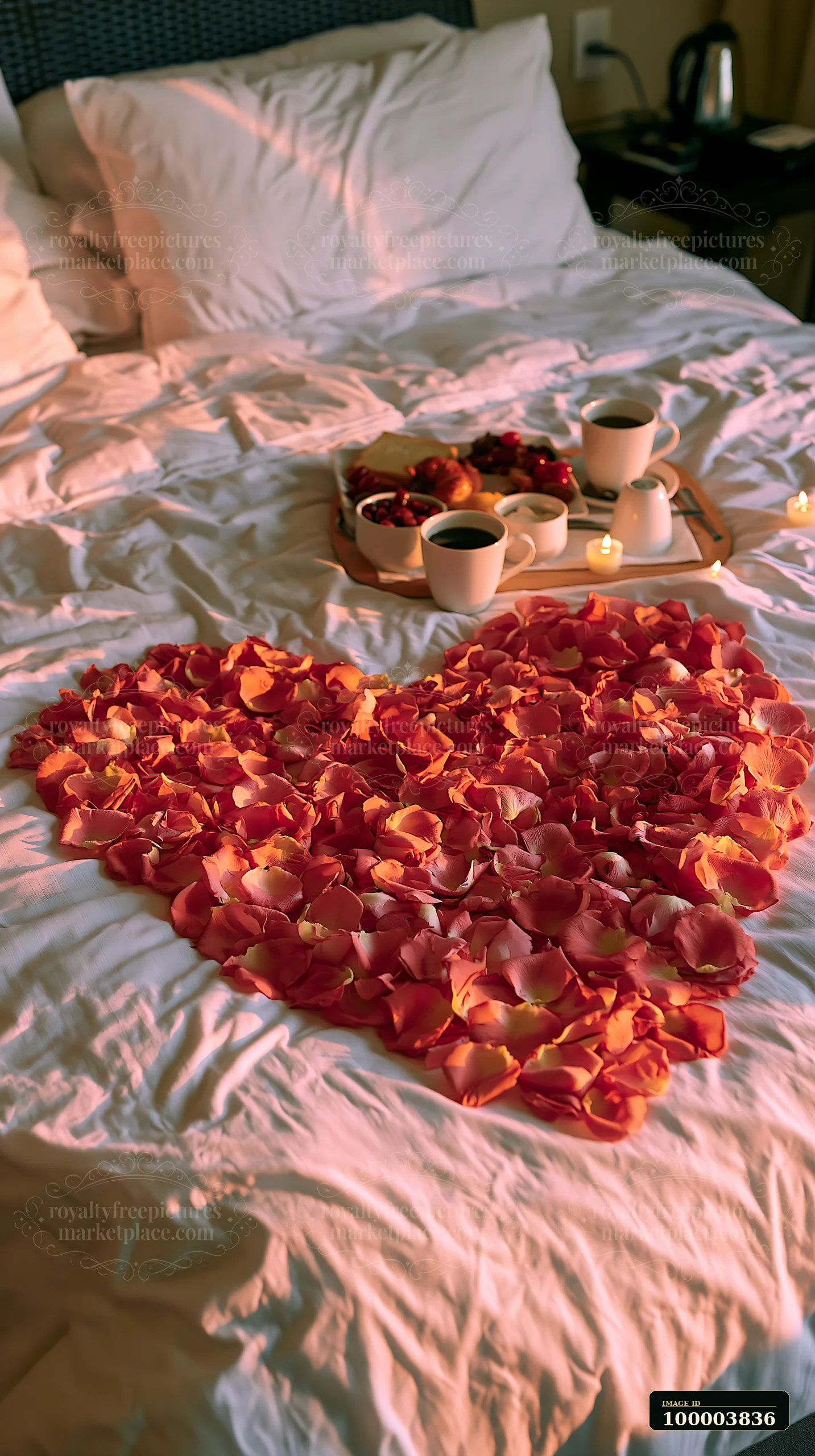 Heart-shaped red and pink rose petals decorate a white bed beside breakfast, coffee, and candles.