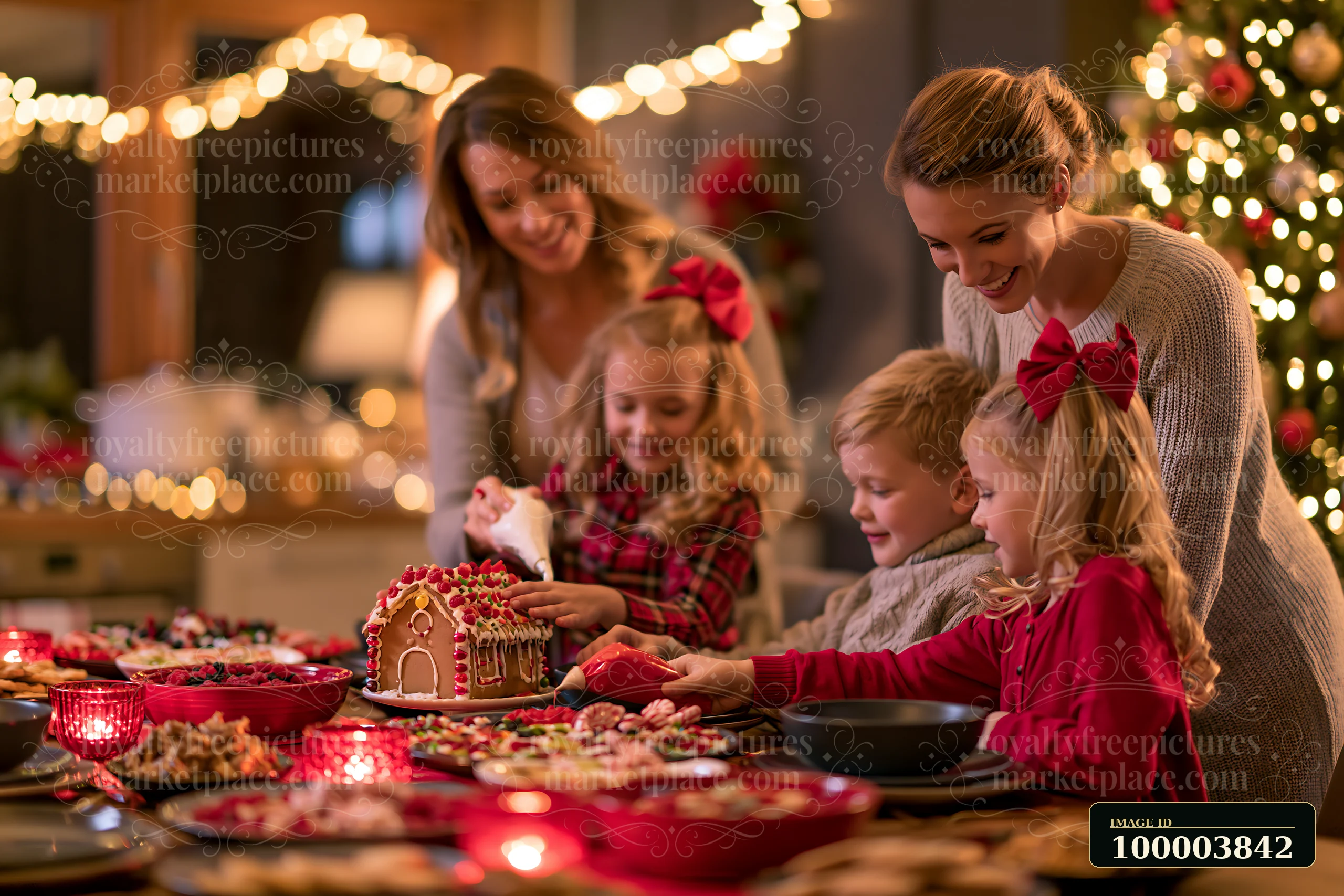 Family members assemble a decorated gingerbread house at a festive Christmas dining table.