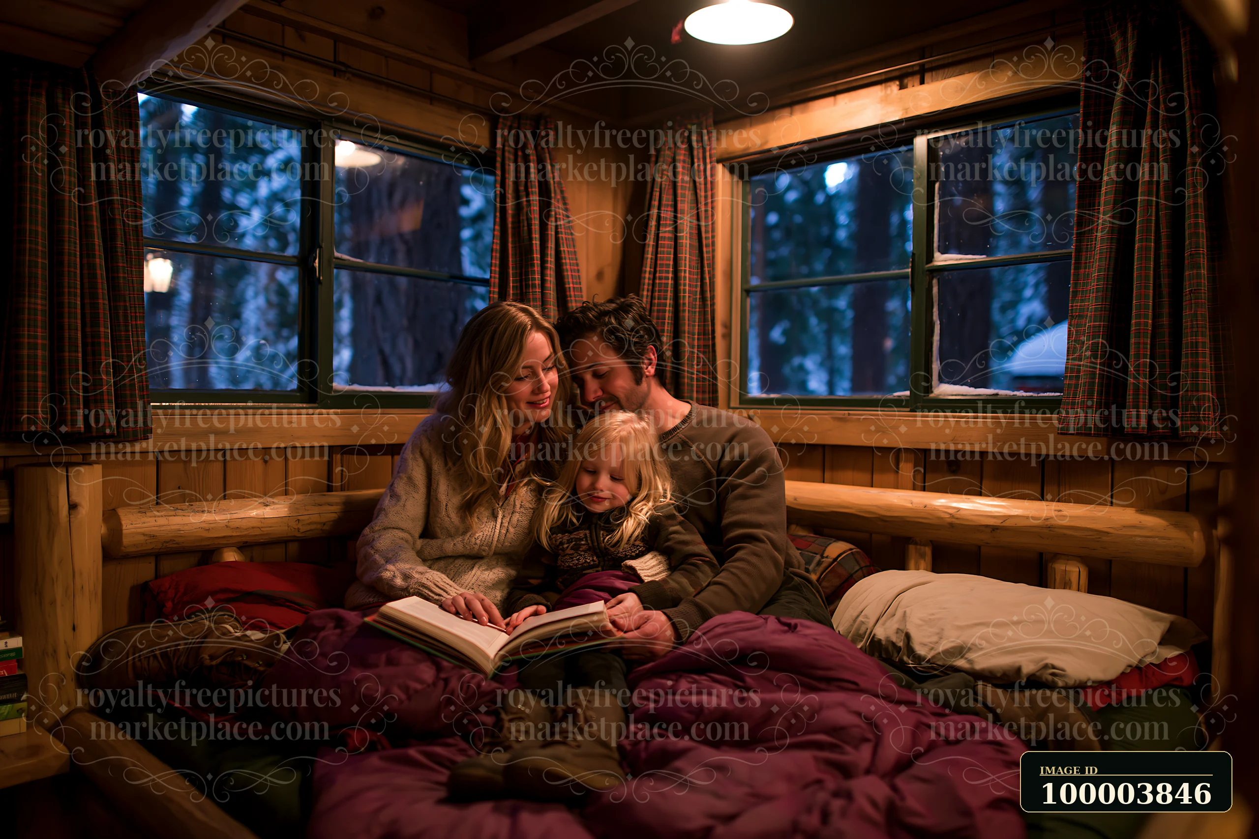 Parents and child read an open book together under blankets in a warmly lit cabin with snowy windows.