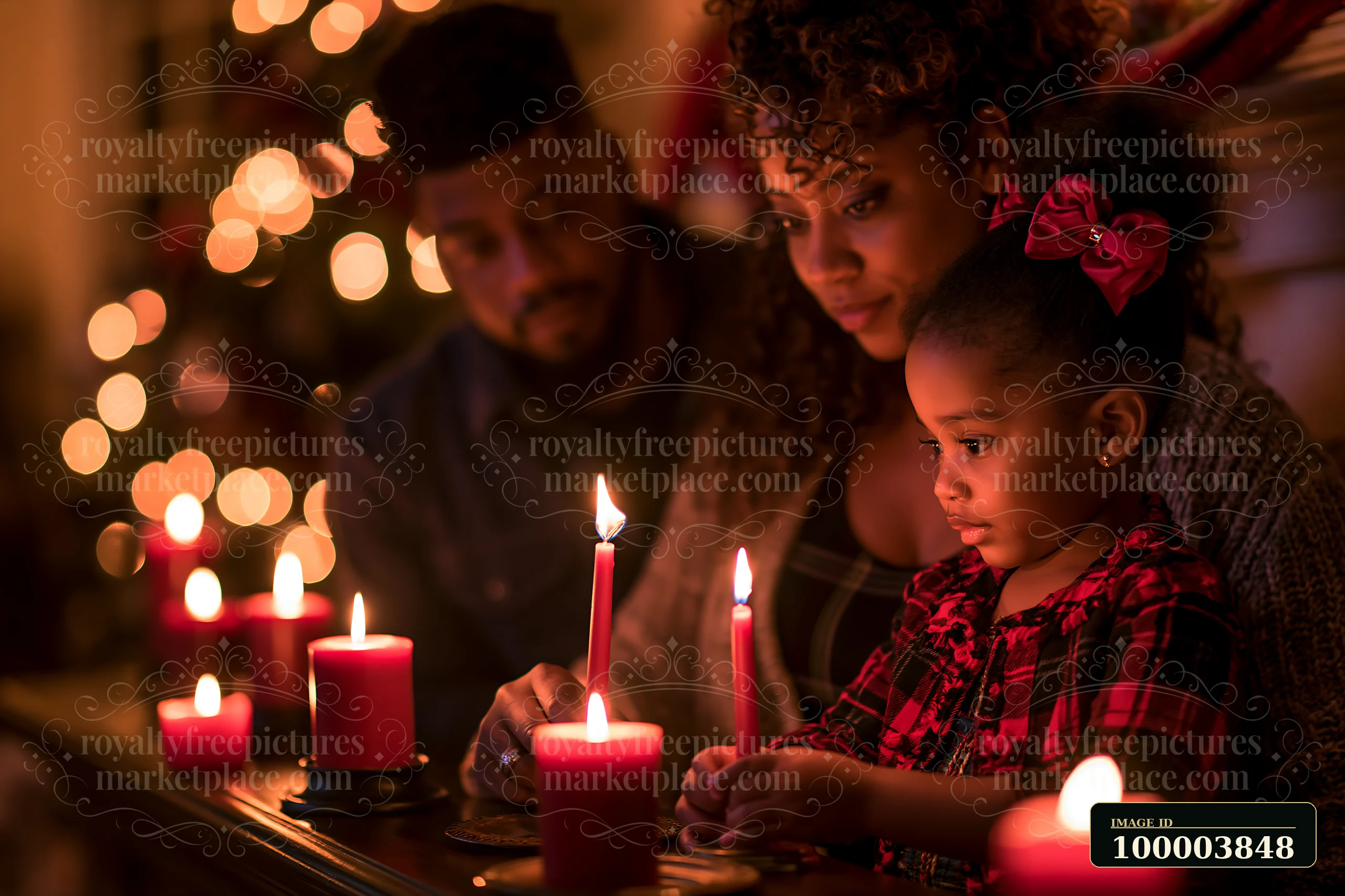 Parents guide a young child during a candlelit holiday tradition at a warmly decorated family table.