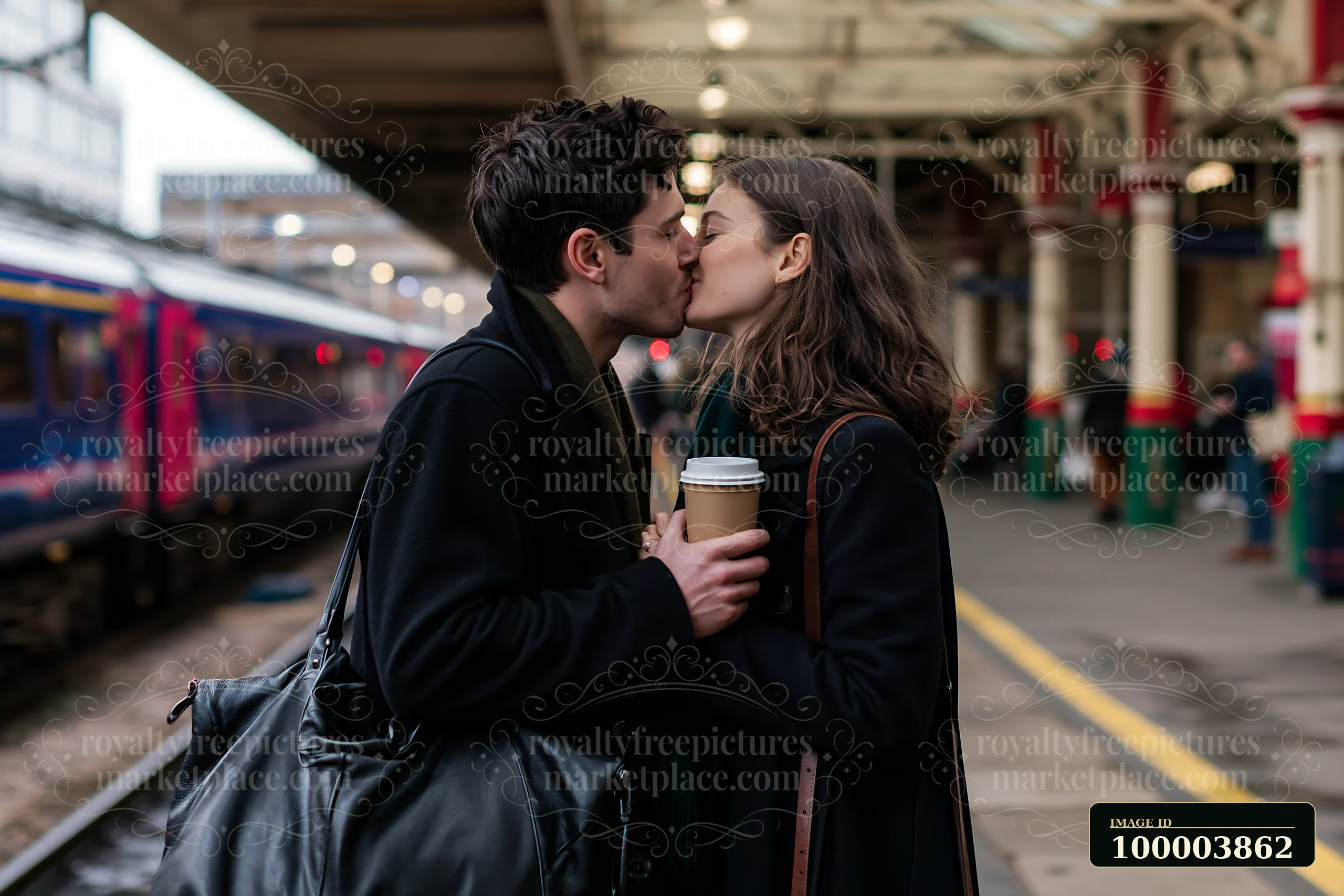 Couple kisses on a train platform while one person holds takeaway coffee and carries a shoulder bag.