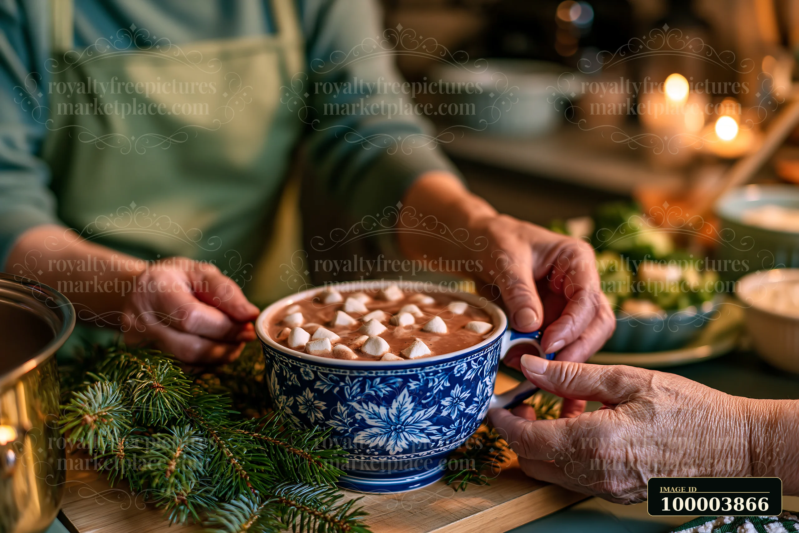 Two hands pass a bowl of warm cocoa with marshmallows in a cozy kitchen.