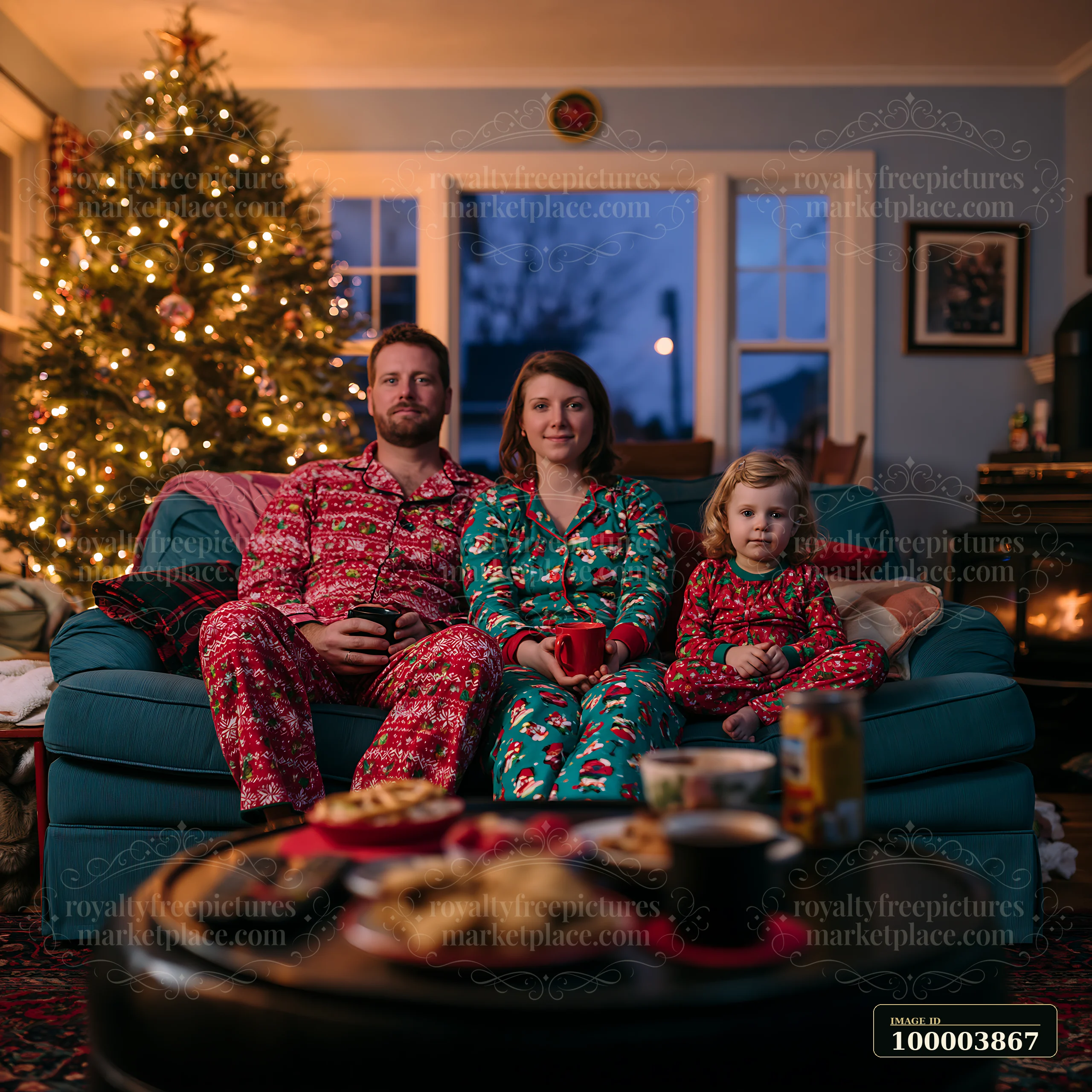 Parents and child sit together on a sofa in festive pajamas beside a glowing Christmas tree.