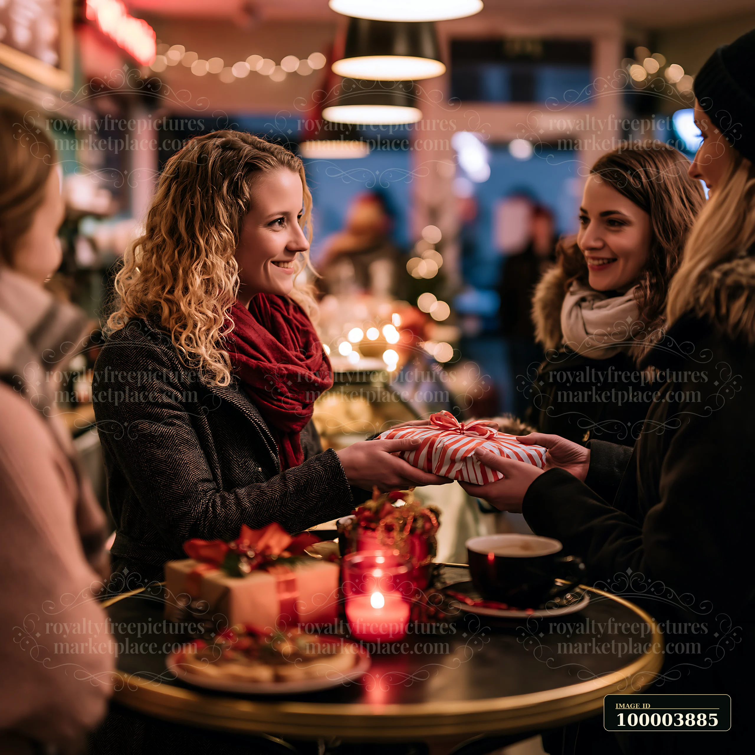 Friends gather at a festive coffee shop, sharing gifts and treats while enjoying warm beverages.