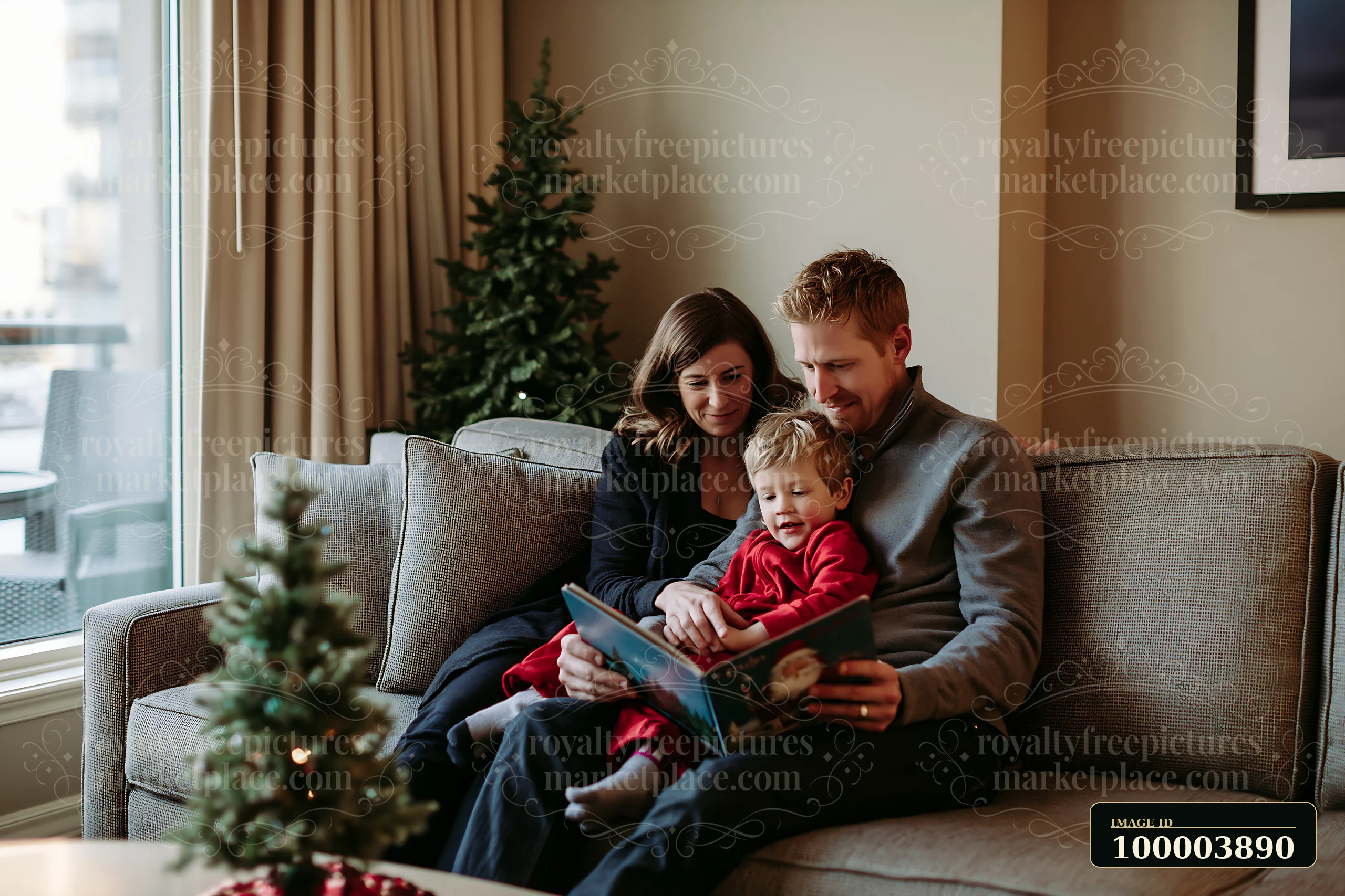 Parents read a Christmas story with their young child on a sofa beside a Christmas tree.