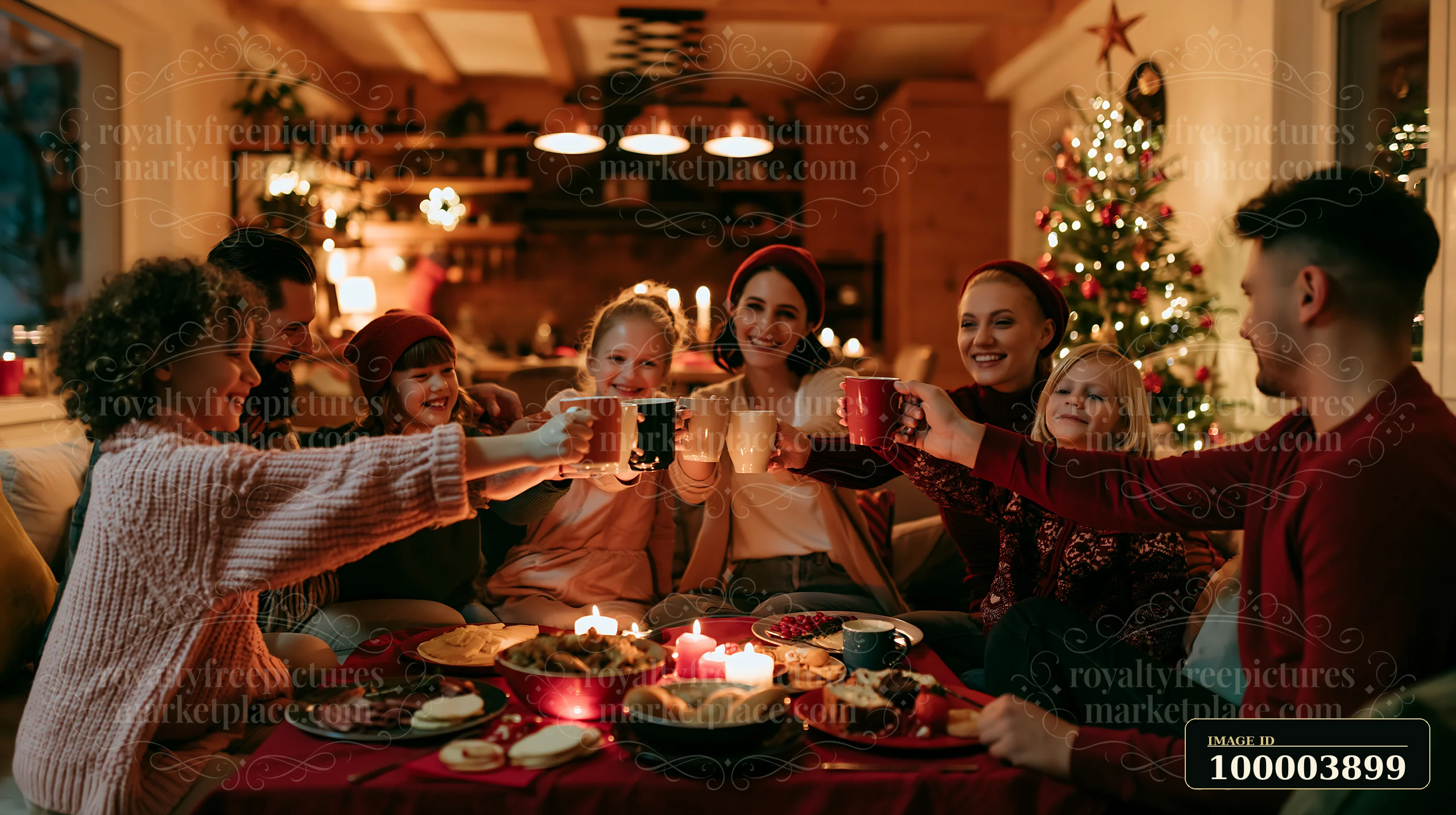 A group of family members sits together in a cozy living room, raising mugs filled with drinks while celebrating.