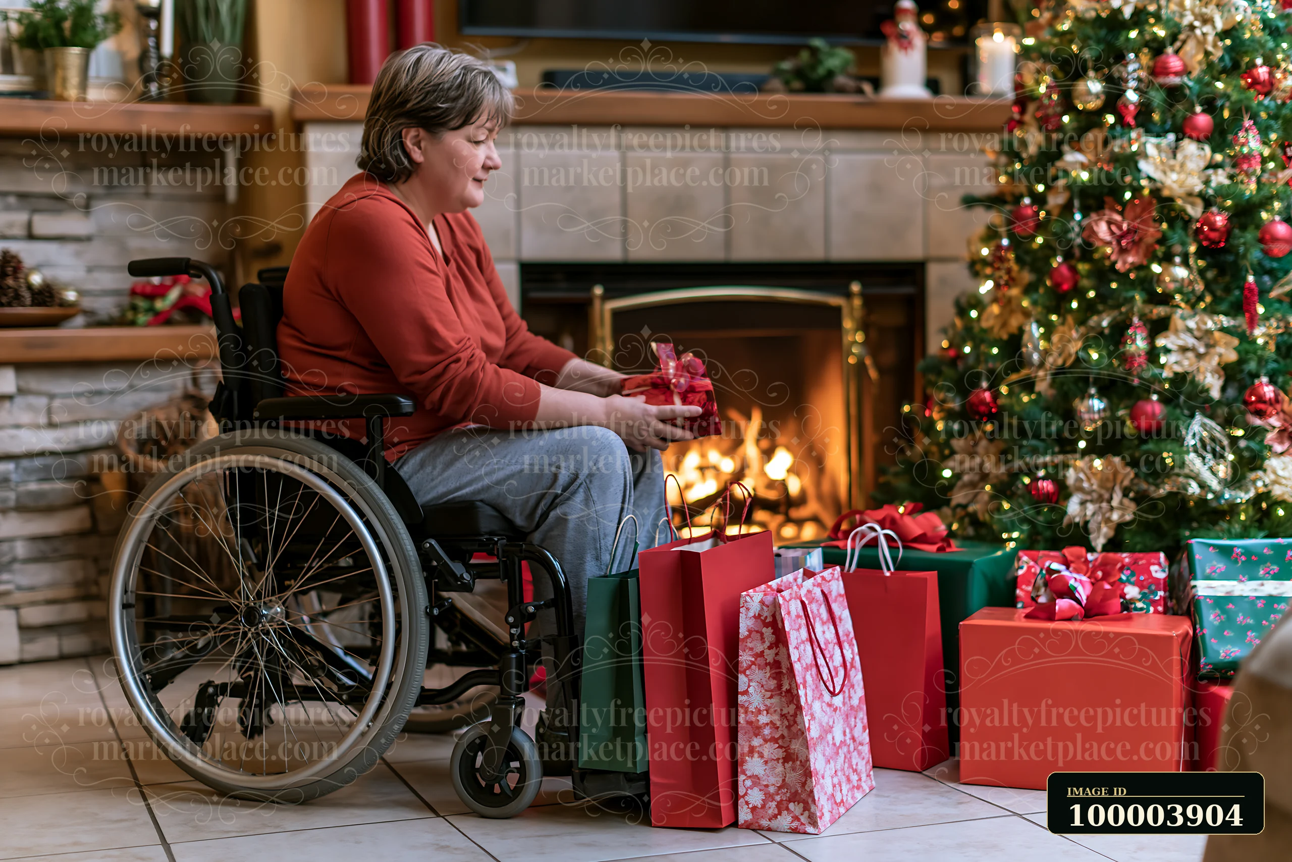 Woman in a wheelchair holds a wrapped gift beside shopping bags, a lit fireplace, and a decorated Christmas tree.