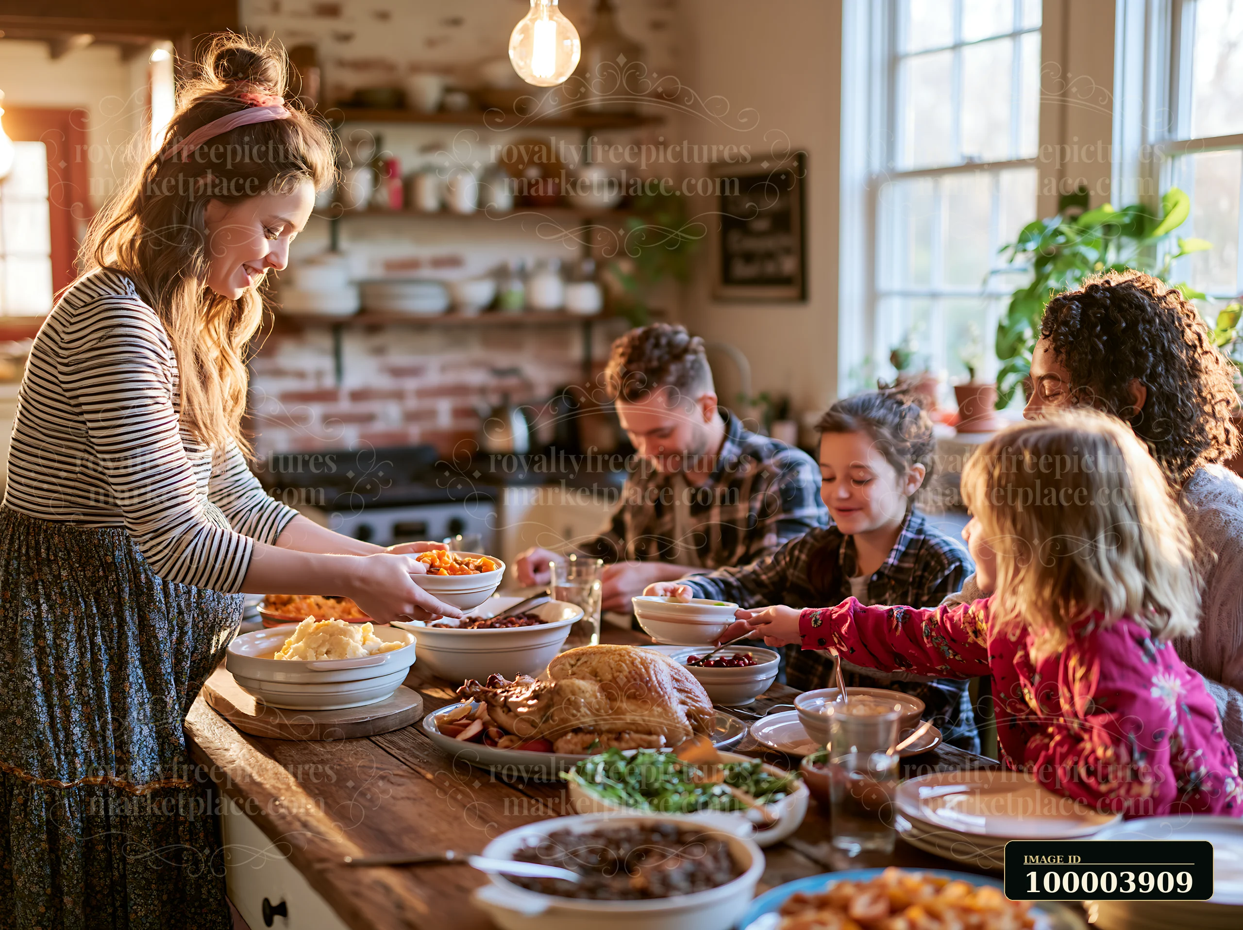 A family shares a large meal in a warm dining area with sunlight streaming in.