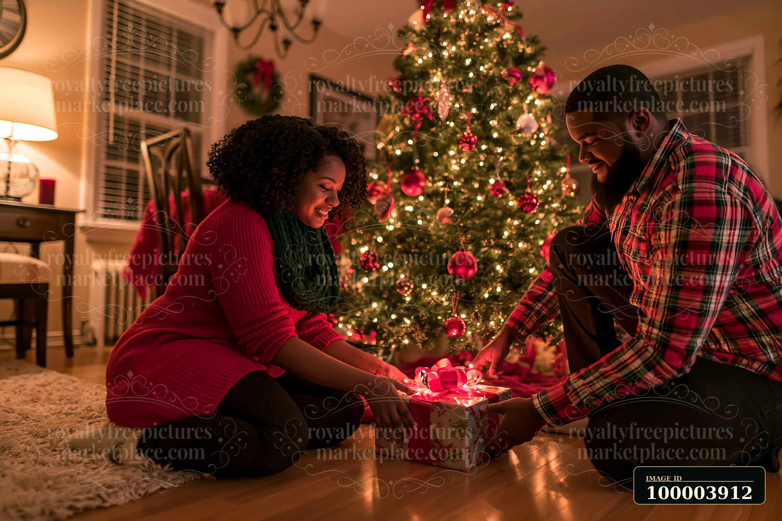 Two parents place wrapped gifts beneath a decorated Christmas tree in a warmly lit living room.
