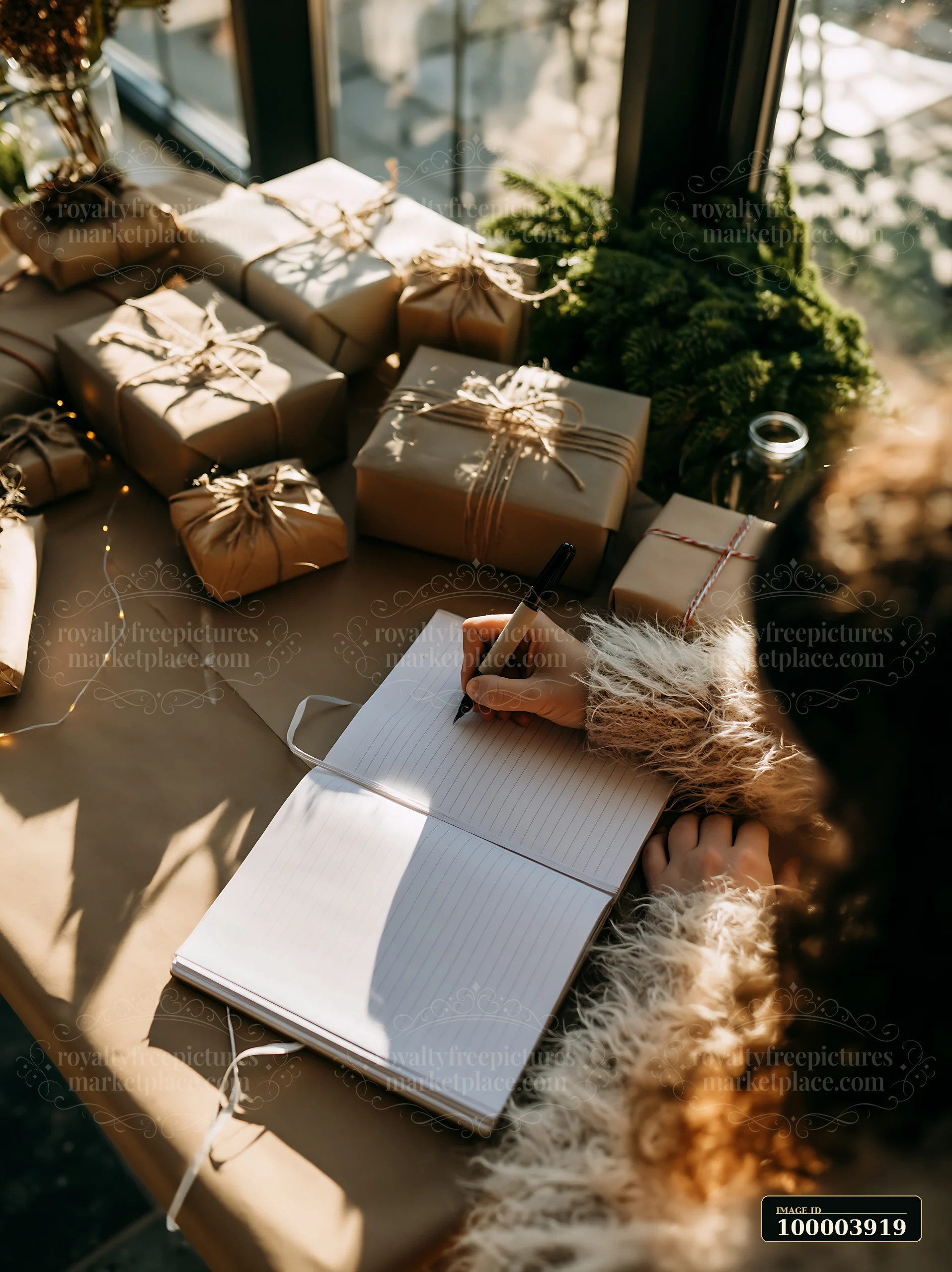 Person writes in a notebook beside wrapped gifts and a small evergreen tree at a sunlit desk.