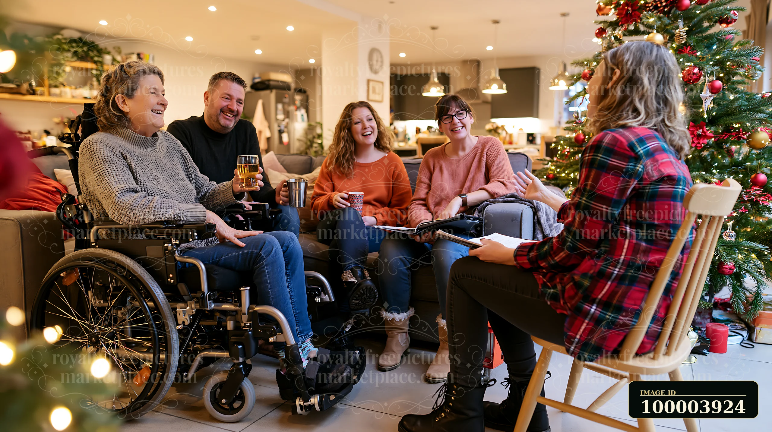Family sings Christmas carols indoors beside a decorated tree in a warmly lit living room.