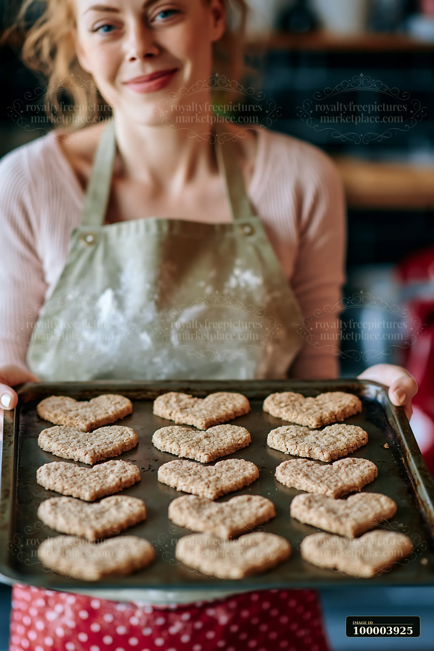 A woman holds a baking tray filled with heart-shaped cookies in a kitchen.