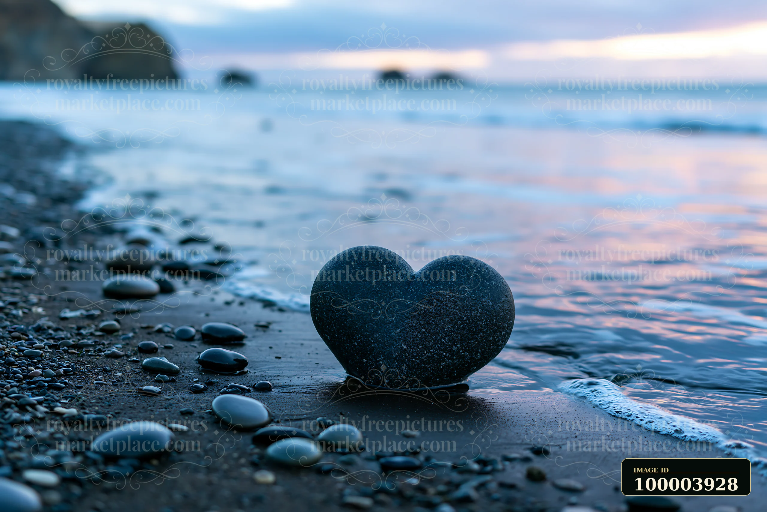 A heart-shaped stone rests on the beach near the ocean as waves gently wash ashore.