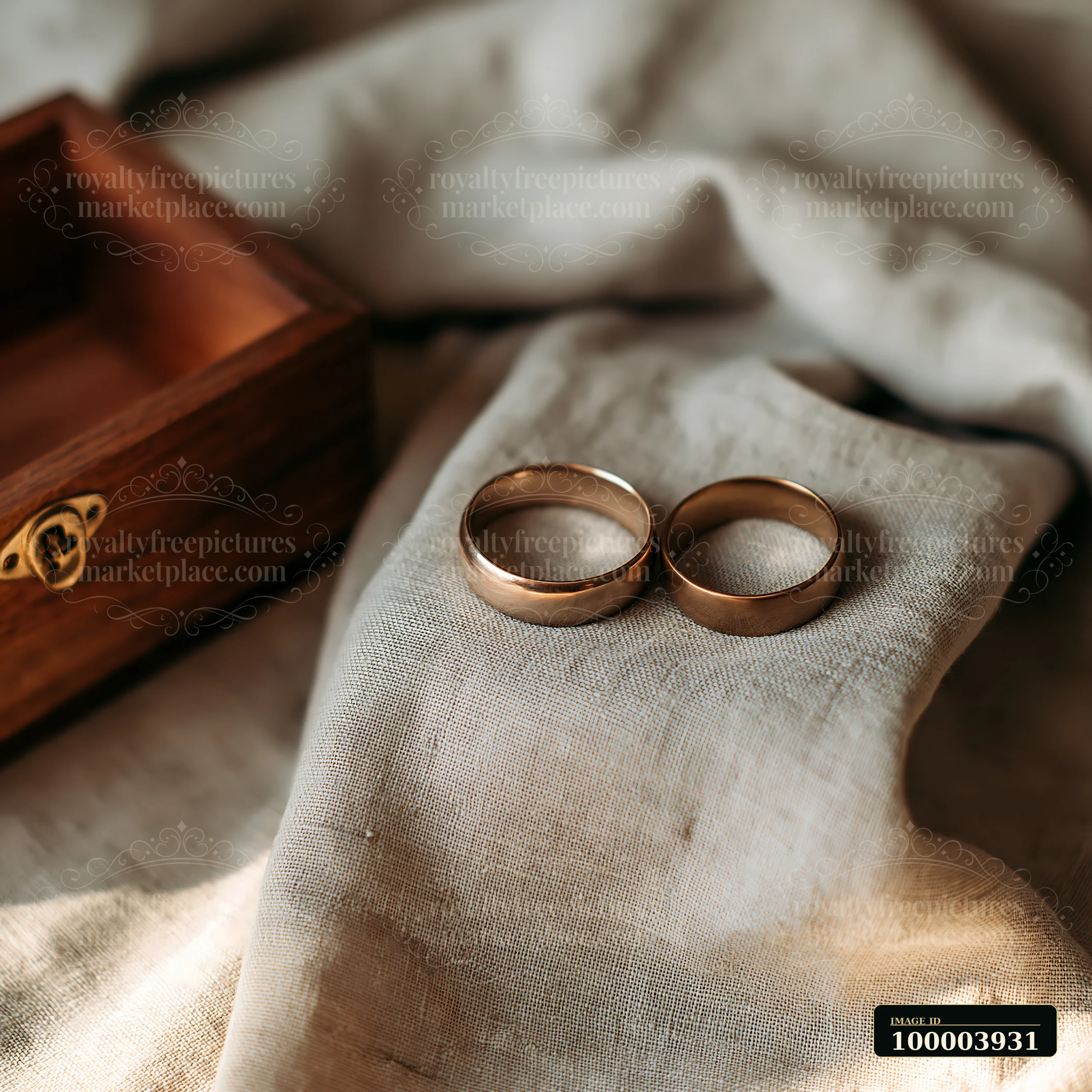 Two wedding rings rest on textured linen beside an open wooden jewelry box in soft morning light.
