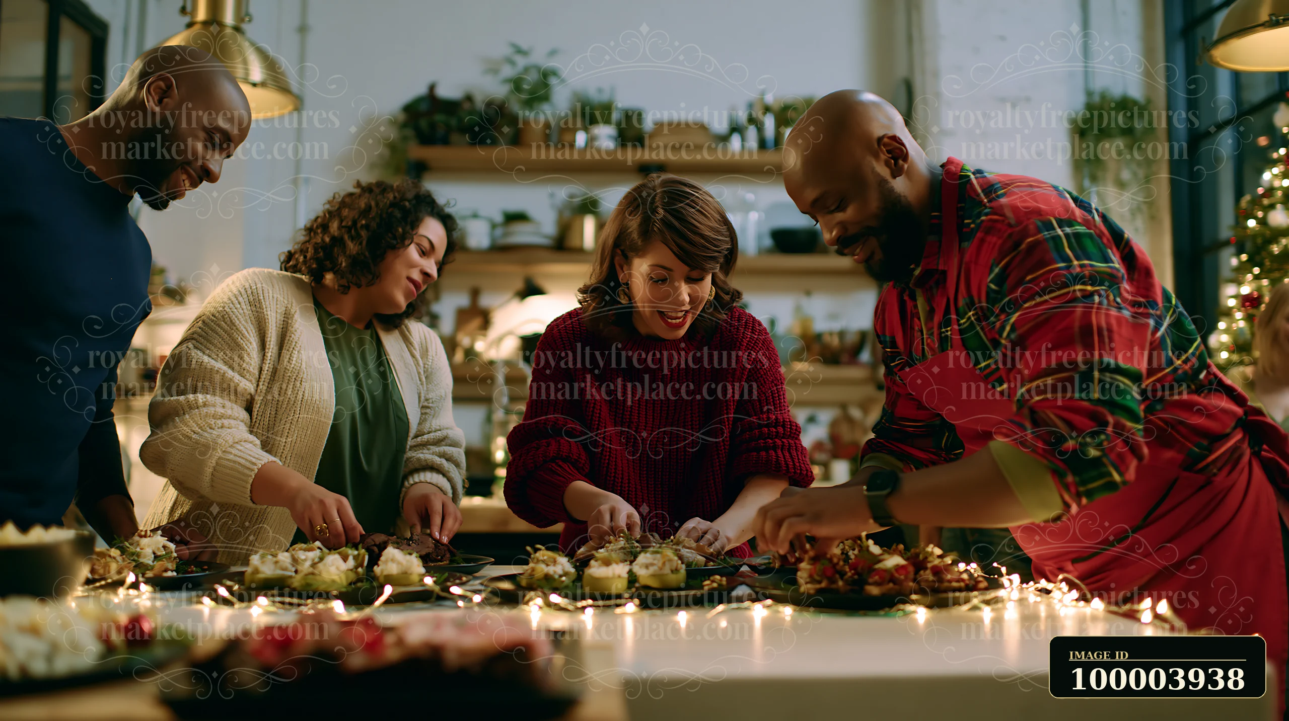 Four friends prepare a festive meal together in a warm kitchen.