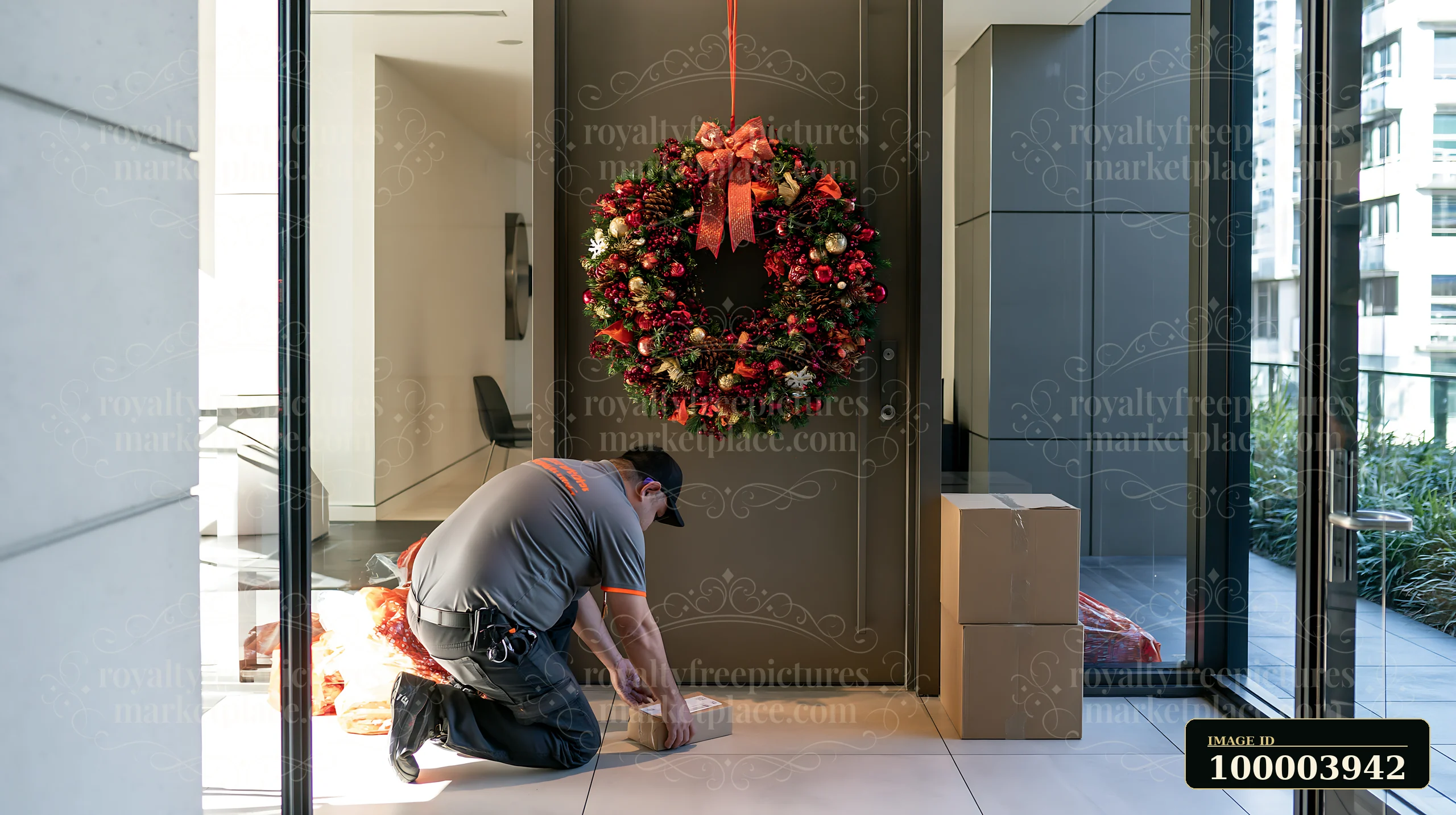 A delivery person is kneeling near a door with a Christmas wreath, preparing to place a package.