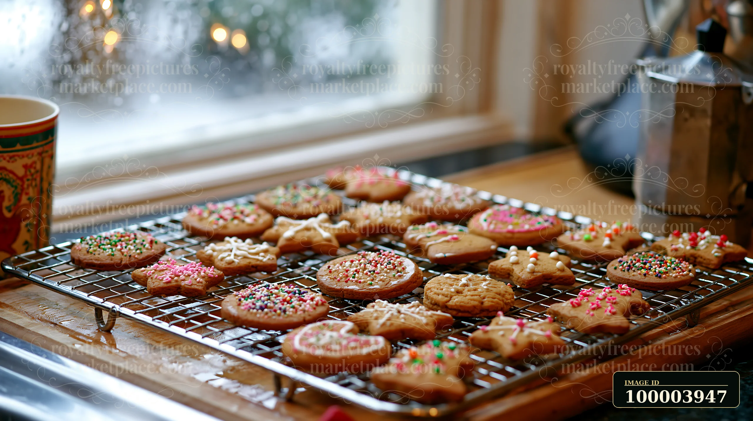 Decorated Christmas cookies cool on a wire rack beside a frosted kitchen window.