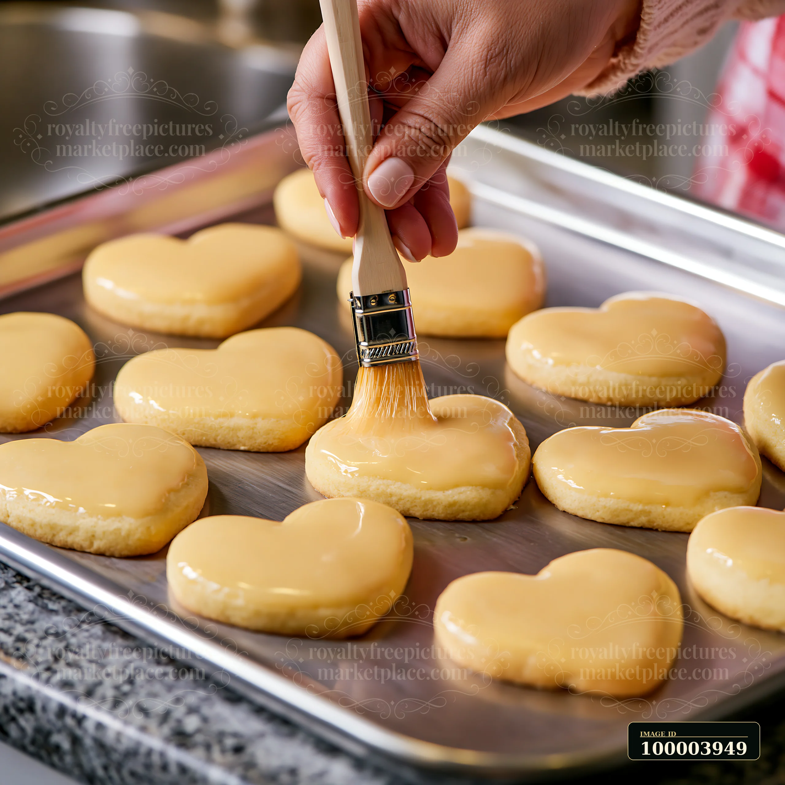 A hand uses a pastry brush to glaze heart-shaped cookies on a baking tray.