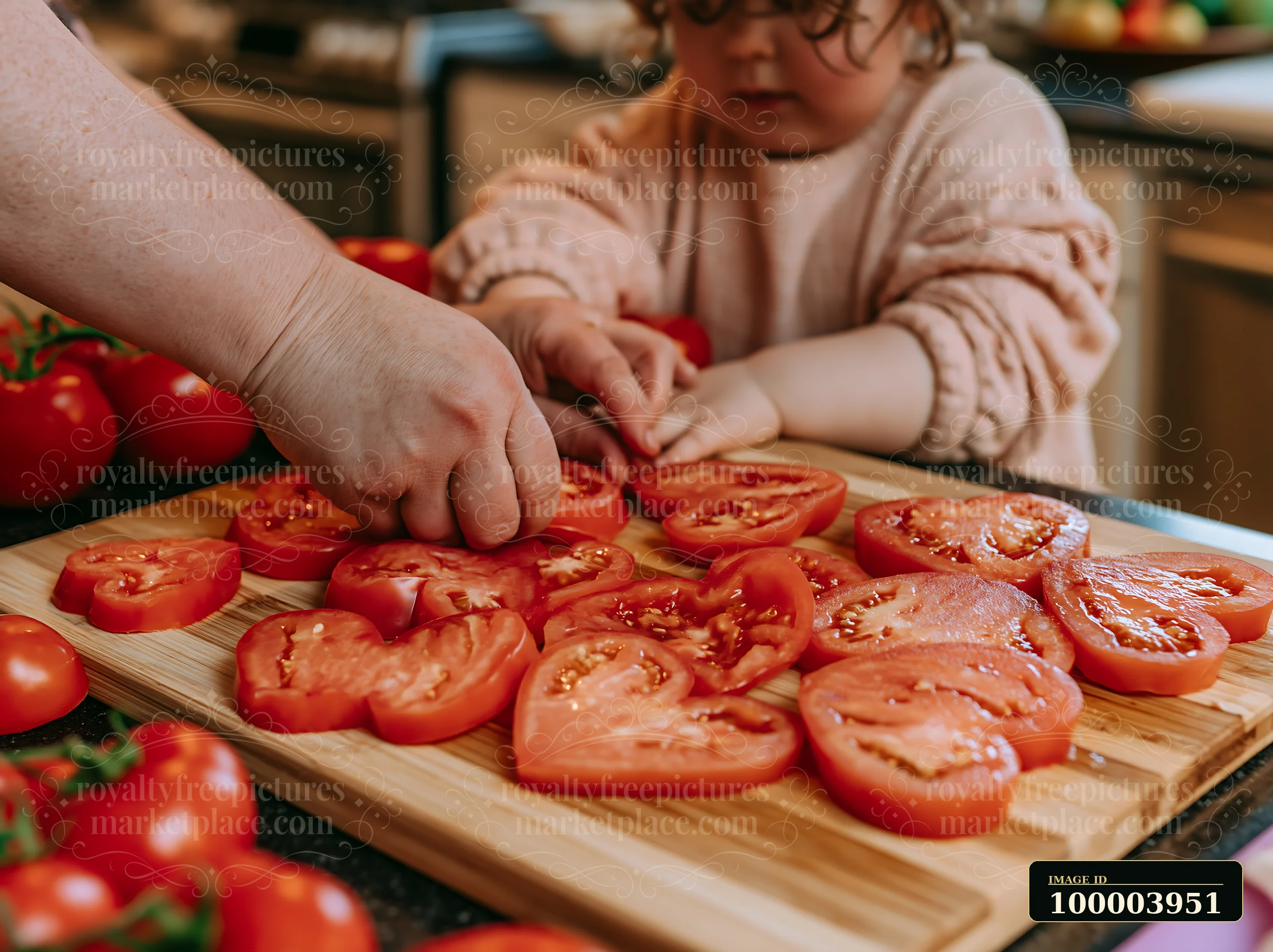 Heart-shaped tomato slices are arranged on a wooden cutting board in a kitchen.