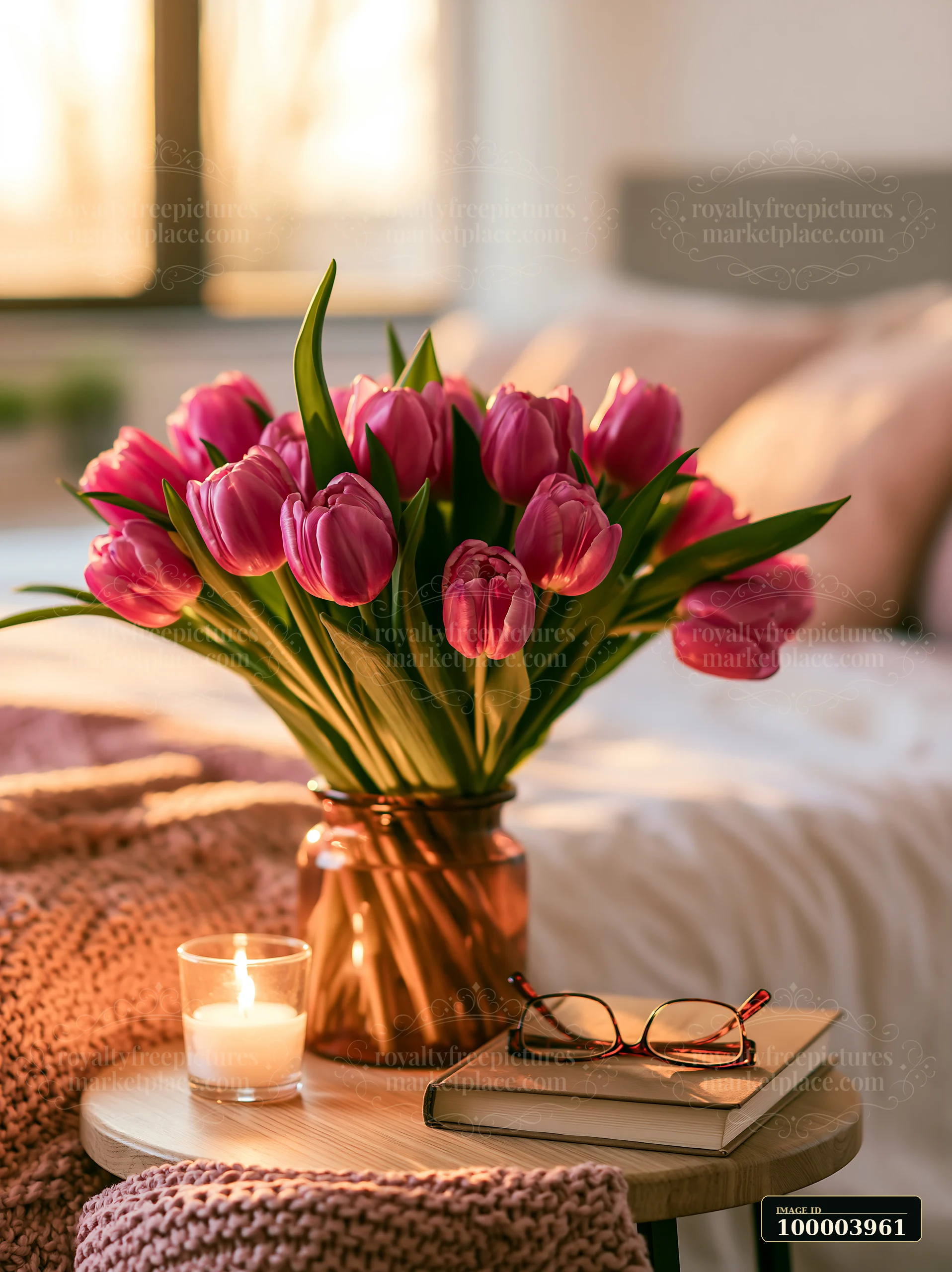 Pink tulips in a glass vase sit on a bedside table beside a candle, book, and eyeglasses.