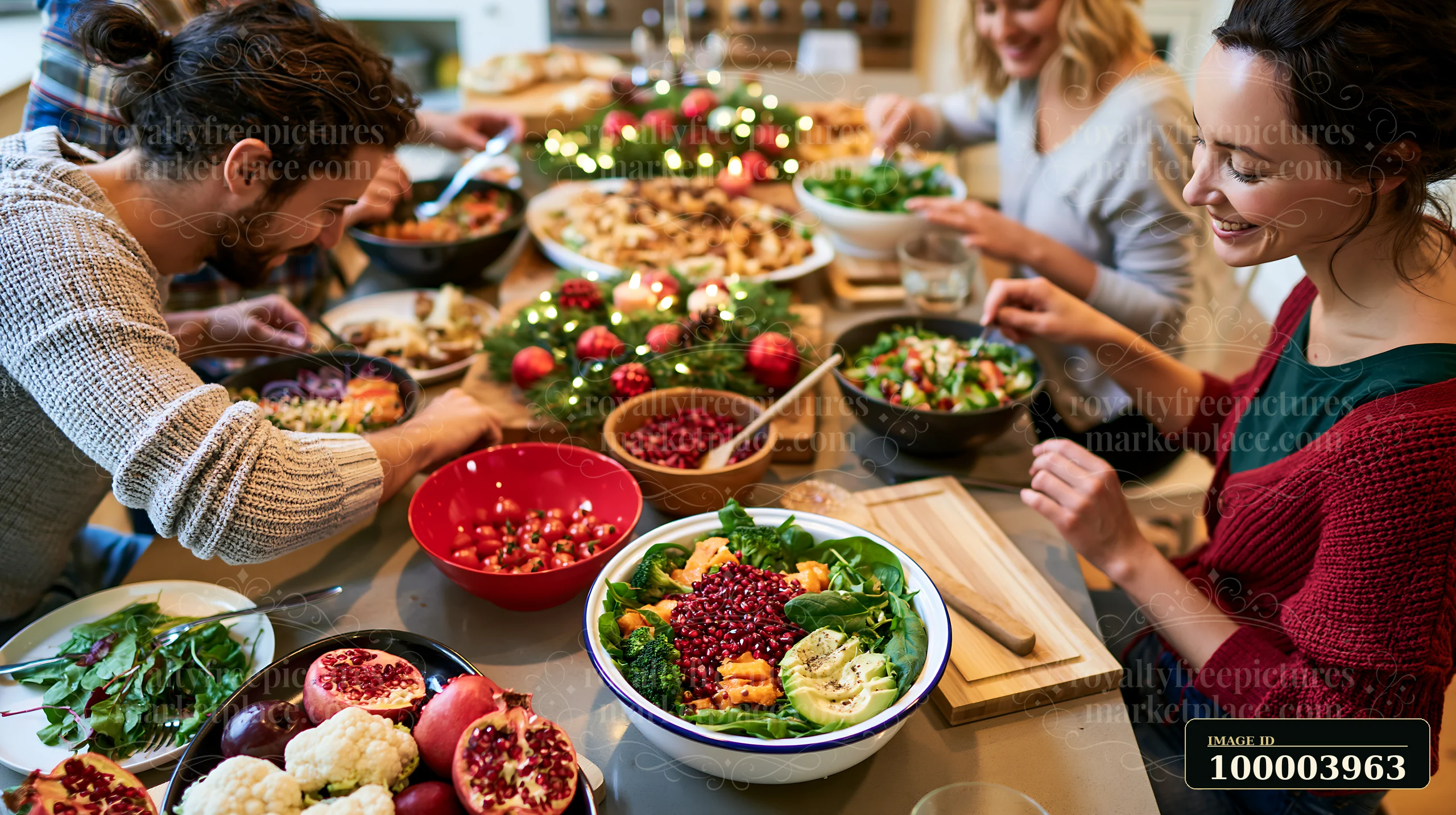 Friends gather around a table to prepare a festive dinner in a cozy kitchen.