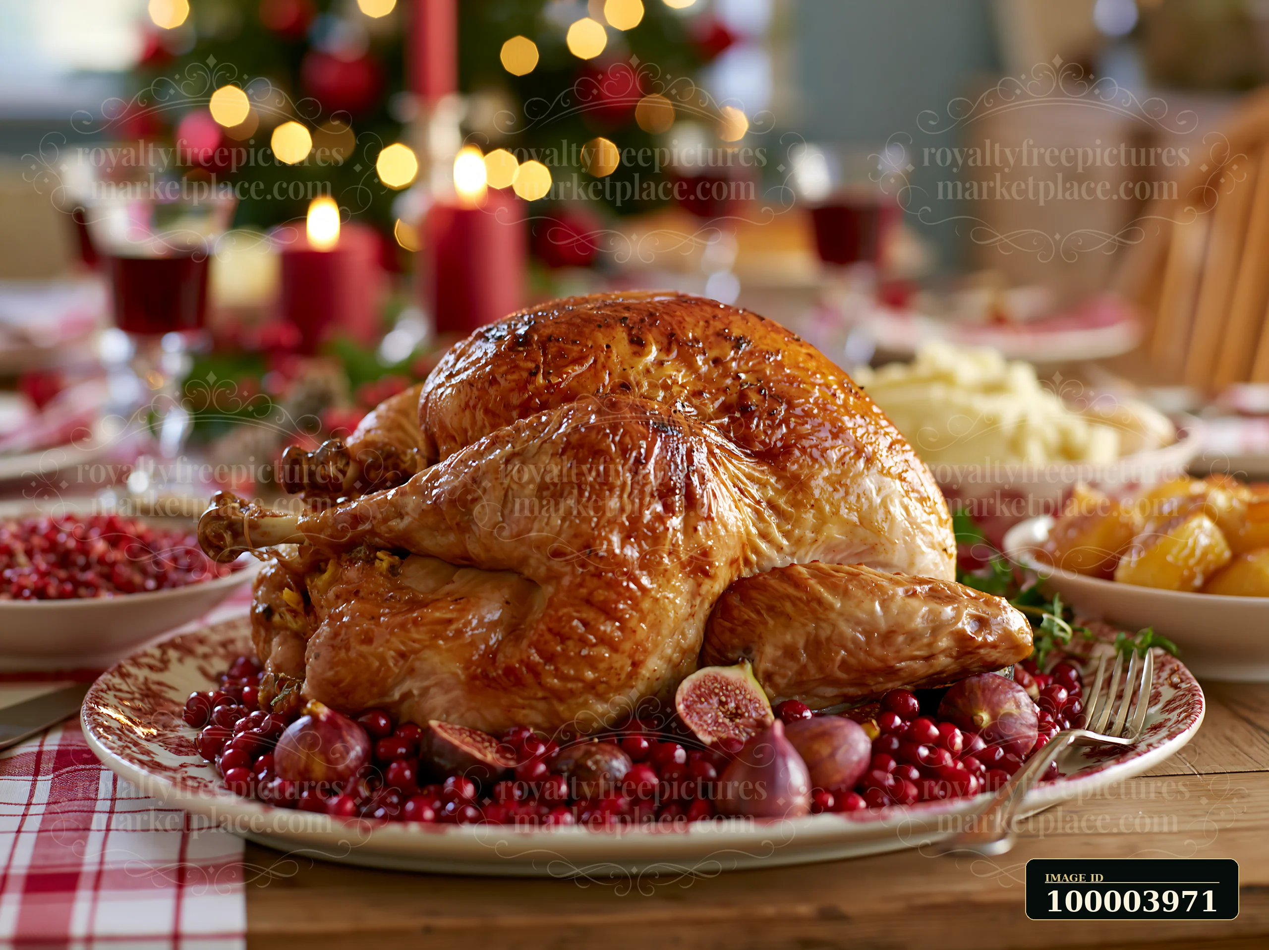 Roasted turkey sits on a festive dining table with cranberries, figs, candles, side dishes, and holiday lights.