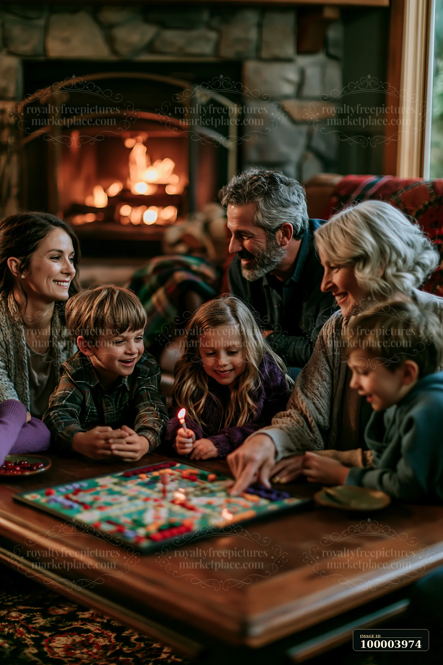 A family gathers around a table playing board games near a fireplace.