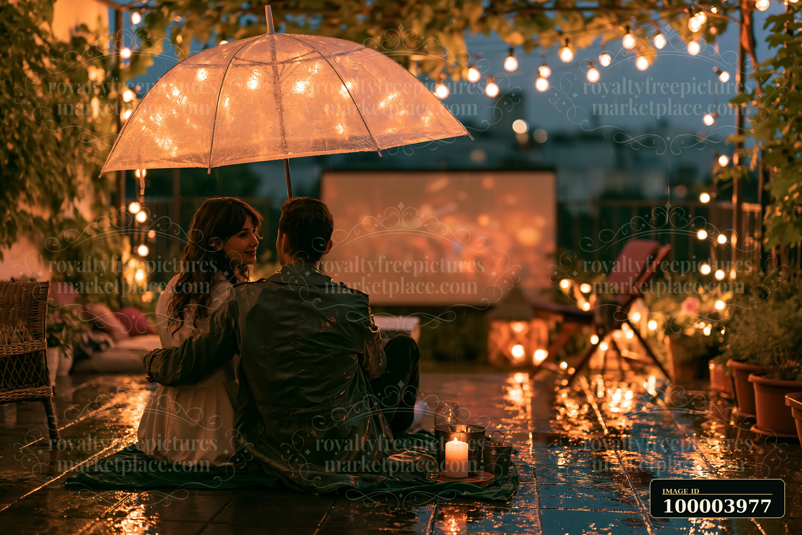 A couple sits together under a clear umbrella, watching a movie outdoors on a rainy evening.