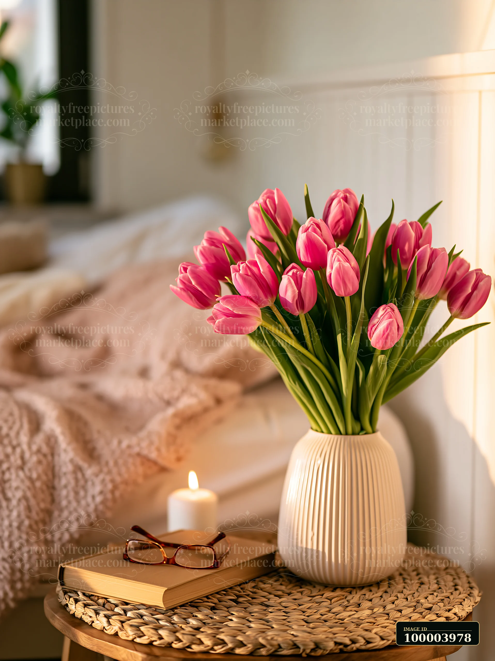 Pink tulips in a vase sit on a bedside table beside a book and candle in a softly lit bedroom.