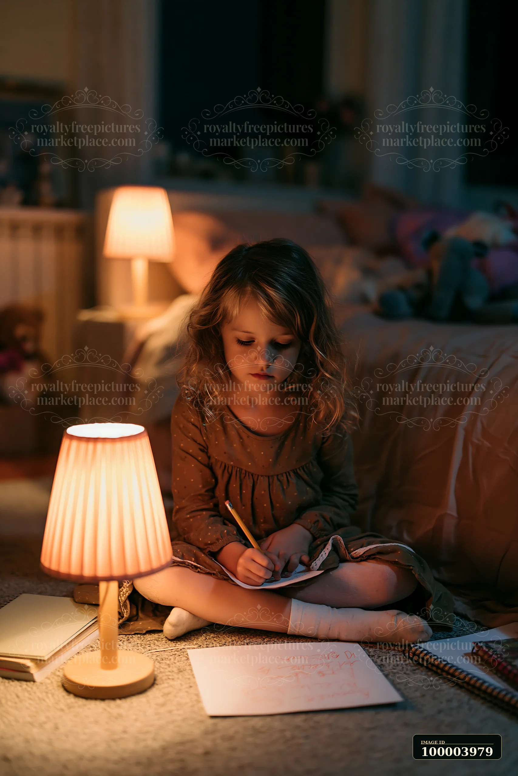 A child sits on the floor at night, writing a wish list with a pencil.
