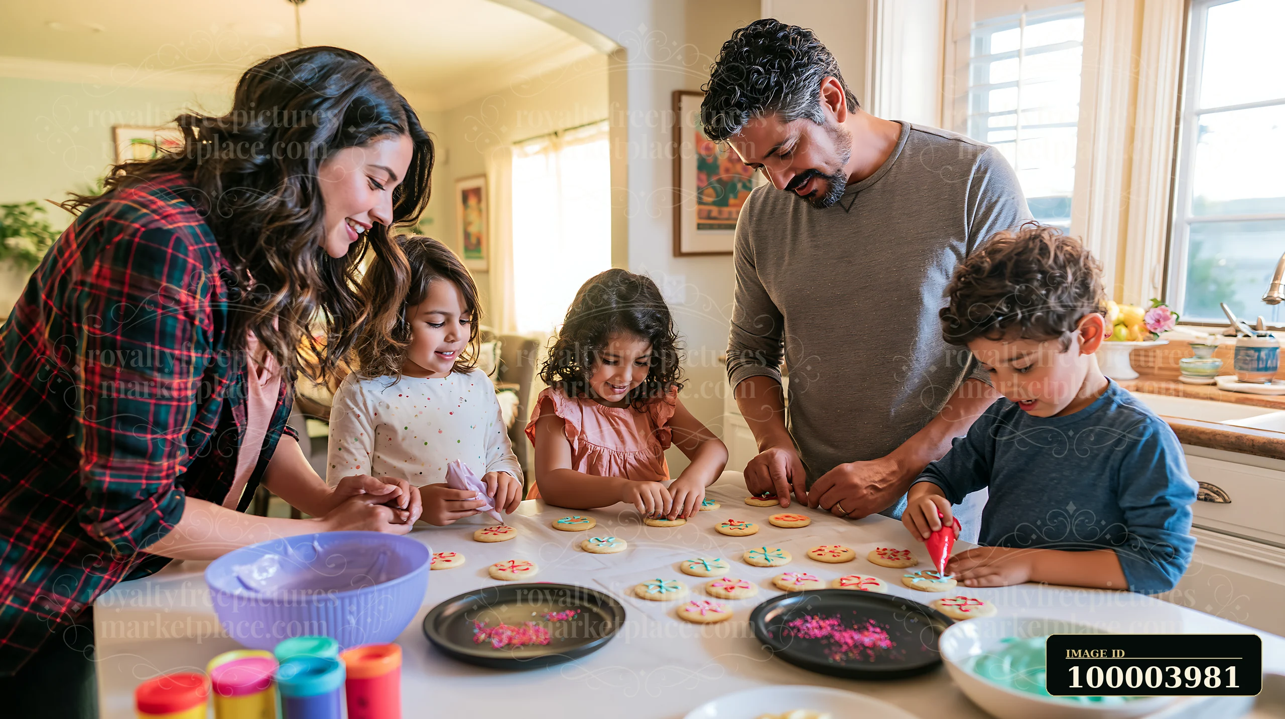 Parents and children are working together to decorate cookies in a kitchen.