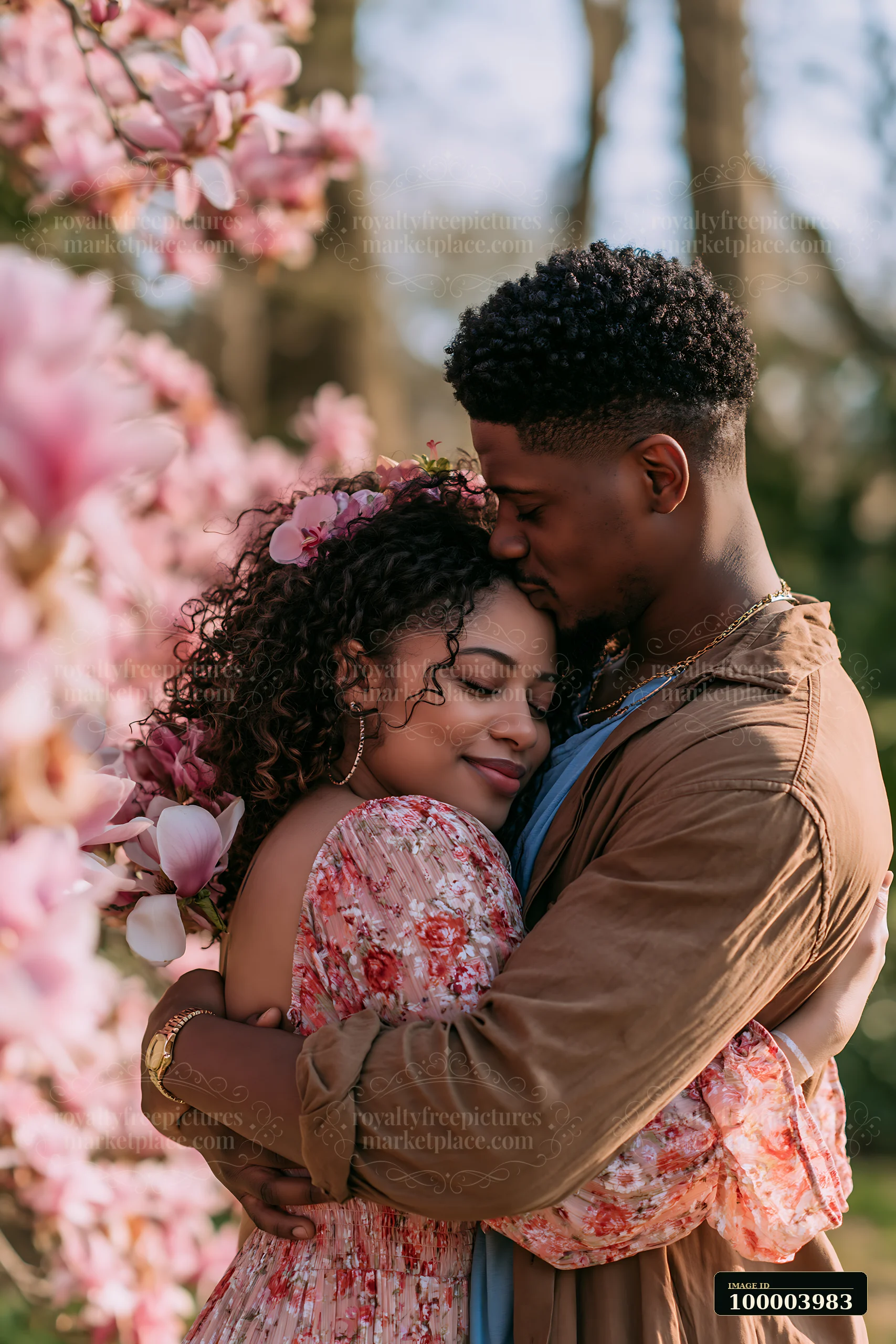 A couple stands together, embracing among pink flowering trees during spring.