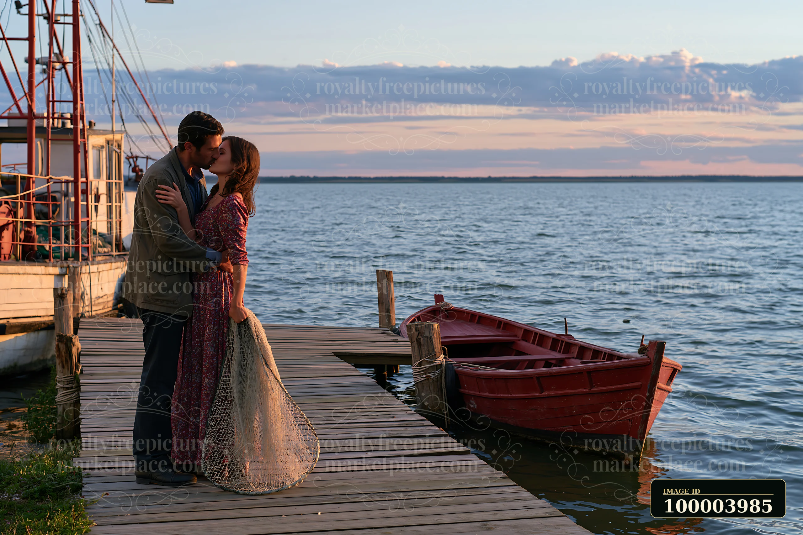 Partners kissing at a lakeside dock as the sun sets behind them.