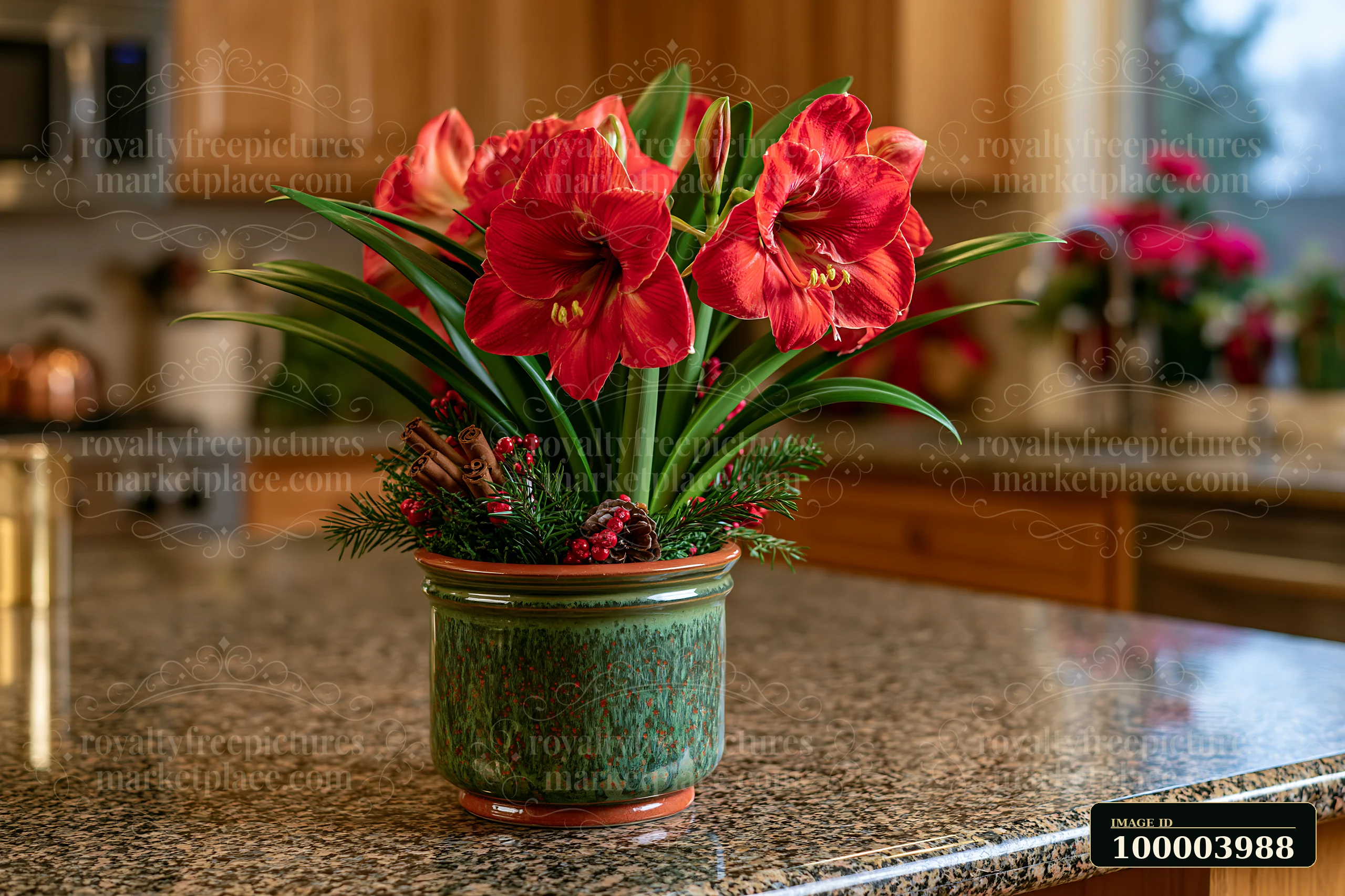 A ceramic pot holds a display of red flowers and greenery on a kitchen counter.