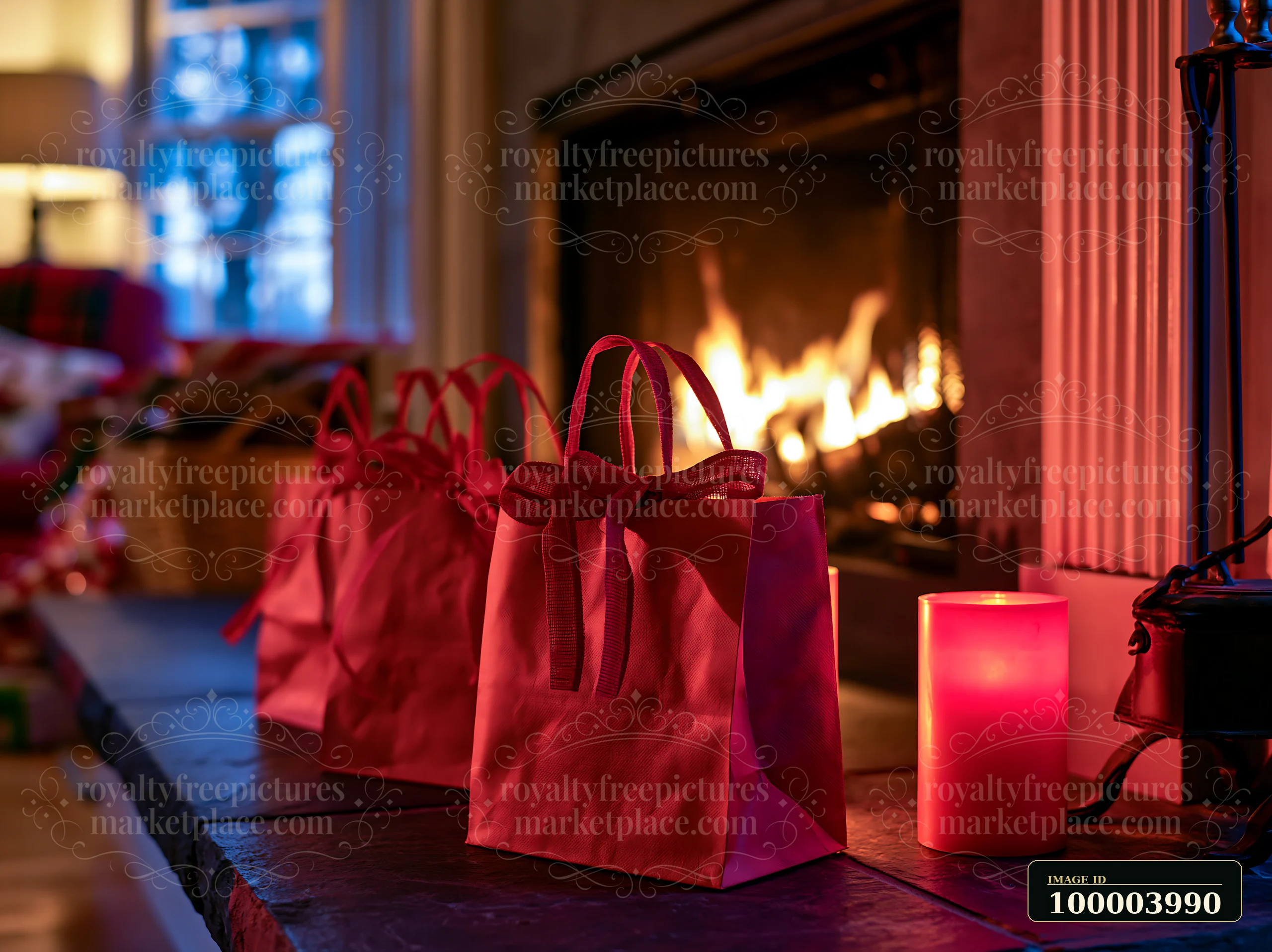 Red holiday shopping bags sit on a stone mantel beside a glowing fireplace and candle.