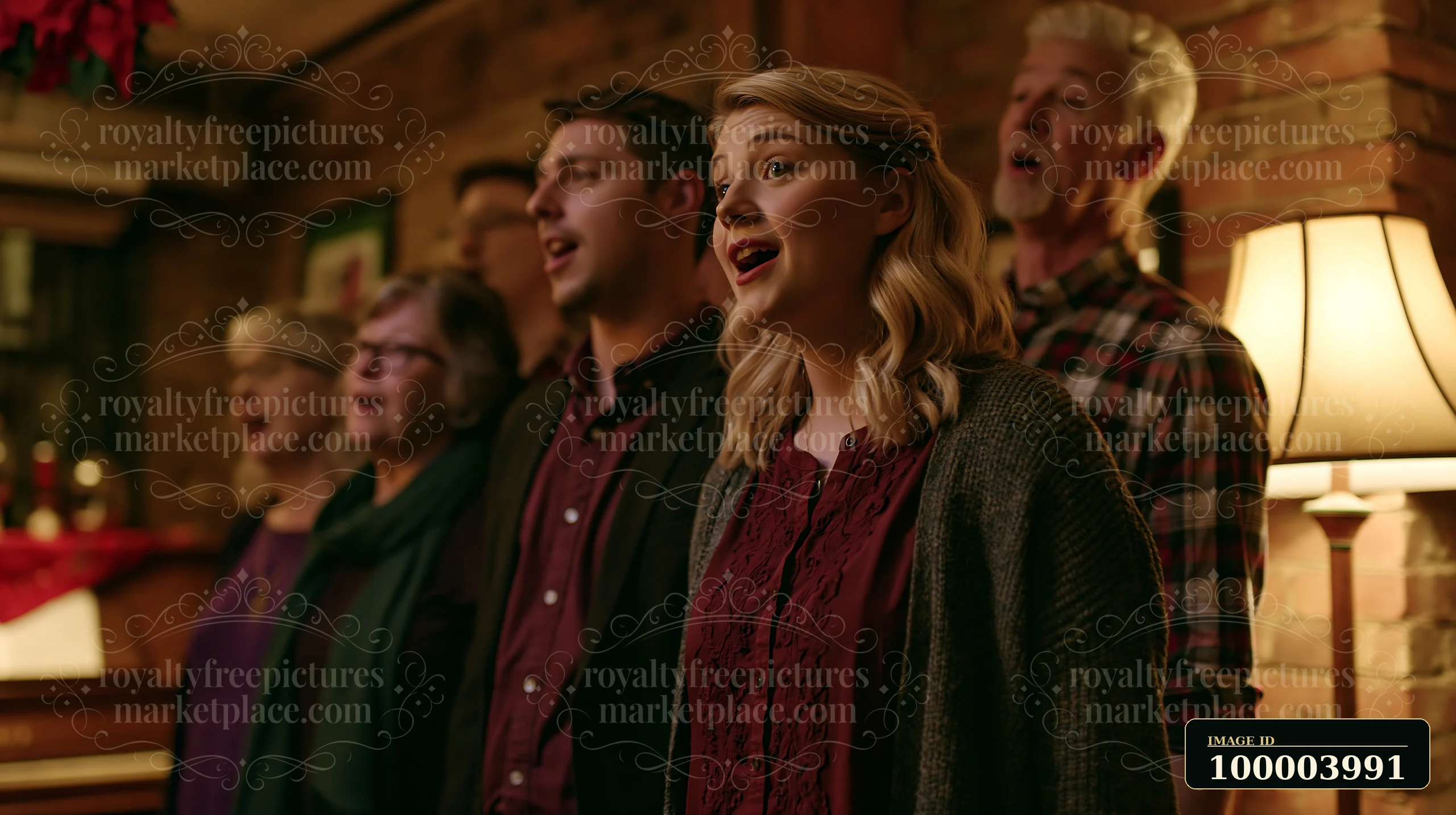 Family members sing Christmas carols together in a warmly lit home beside a fireplace.