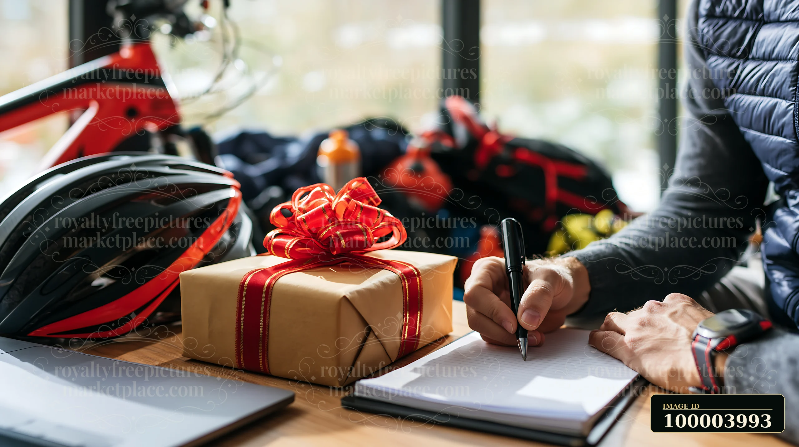 Person writes in a notebook beside a wrapped gift and cycling gear at a sunlit desk.