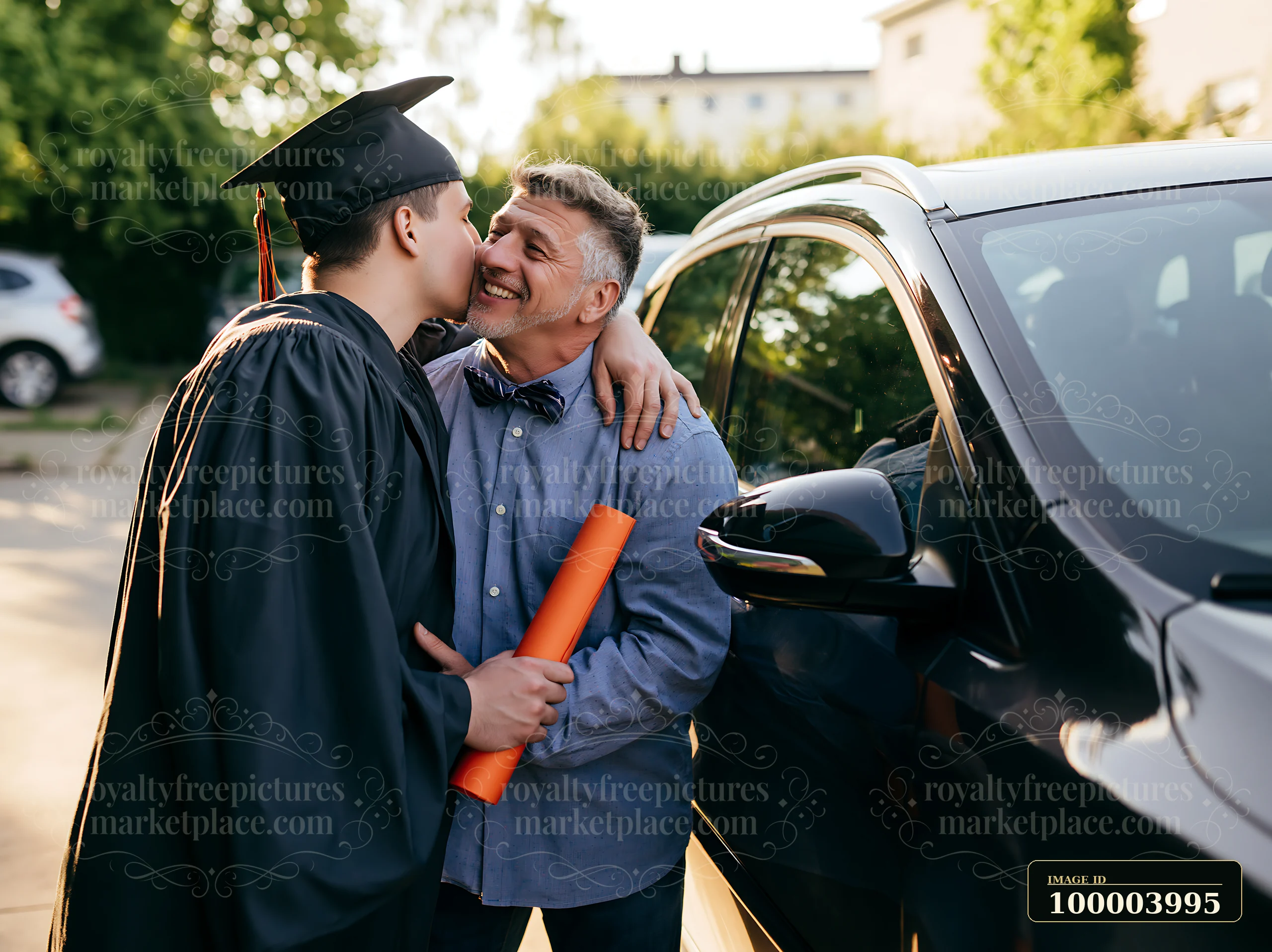 Graduate in cap and gown kisses his smiling father beside a car during an outdoor celebration.