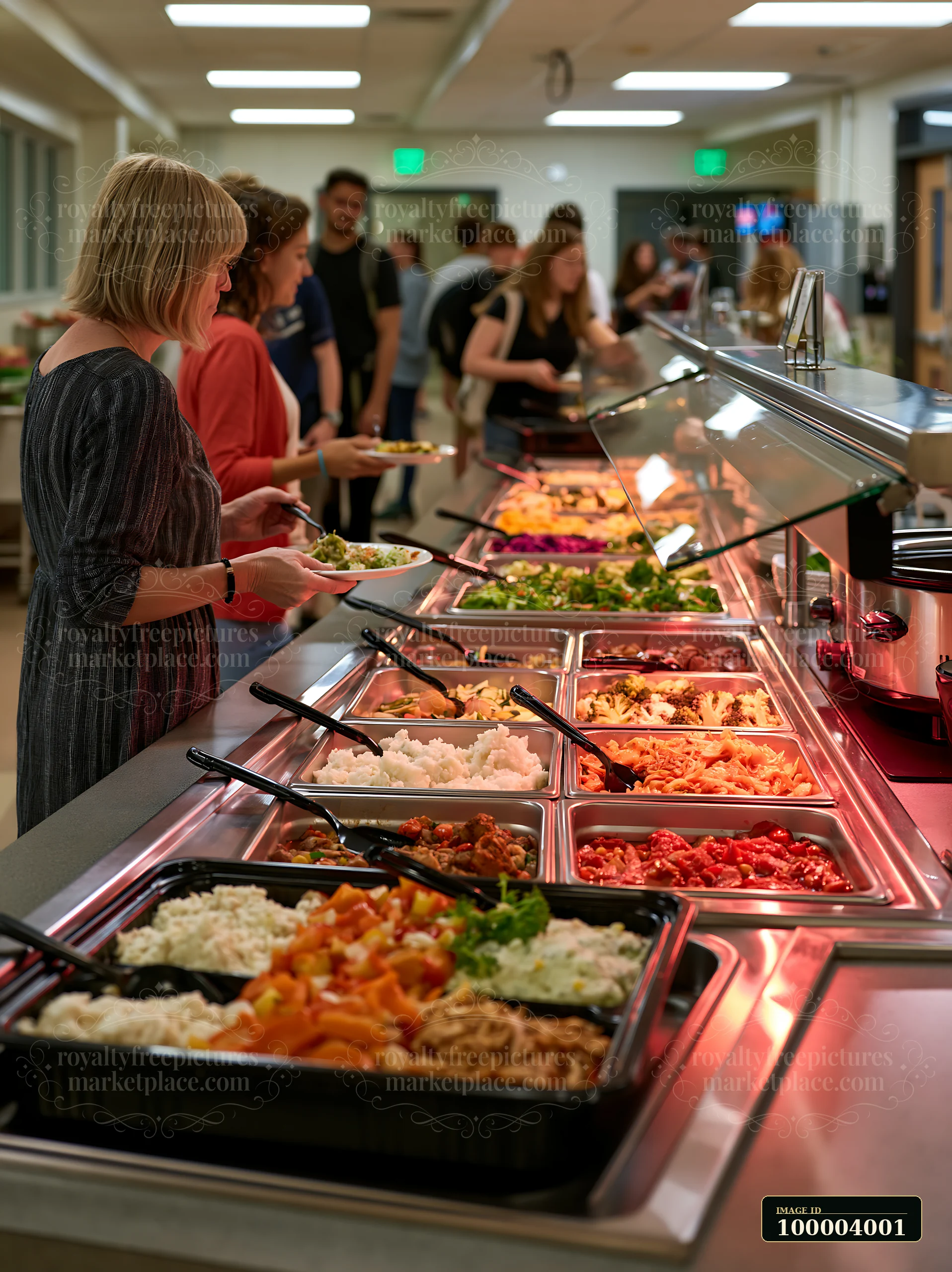 Students select balanced meals from a school cafeteria buffet with trays of hot food.