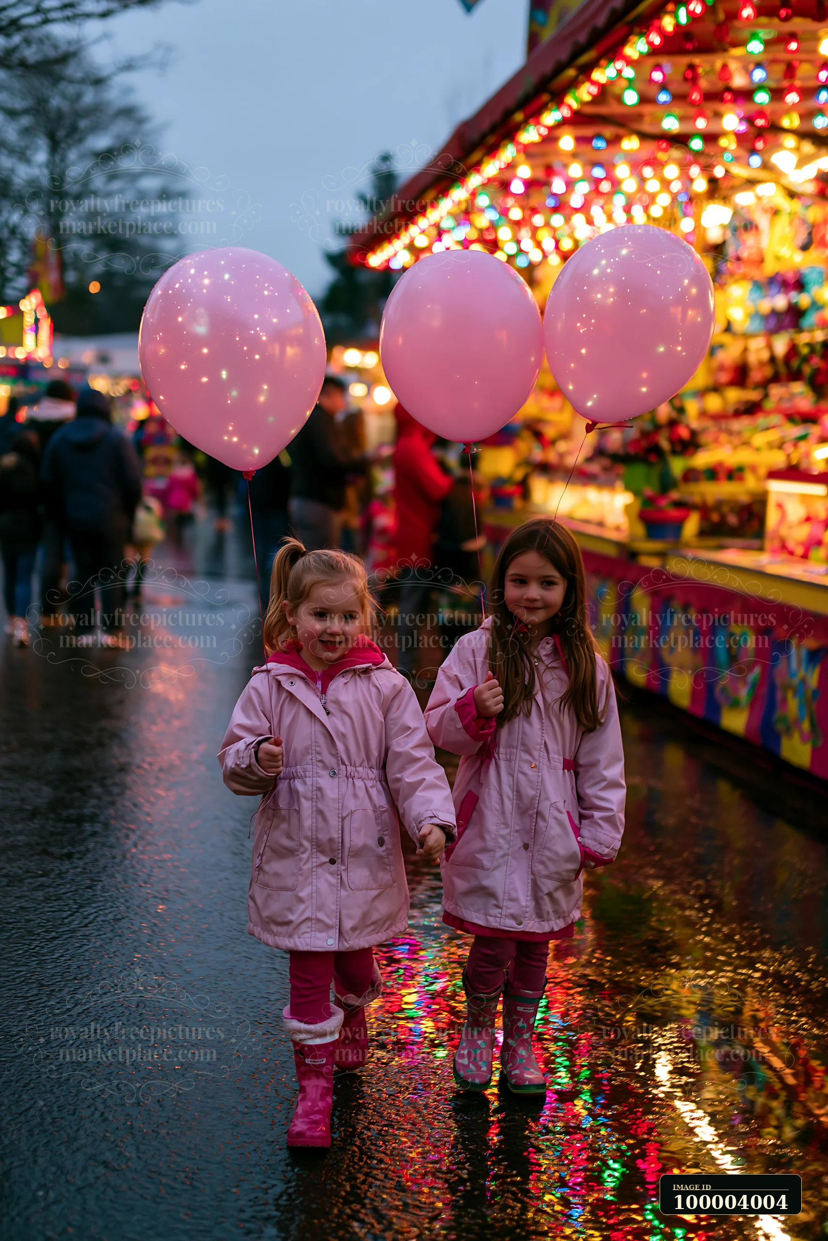 Two young sisters walk hand in hand with pink balloons at a brightly lit, rainy fairground.