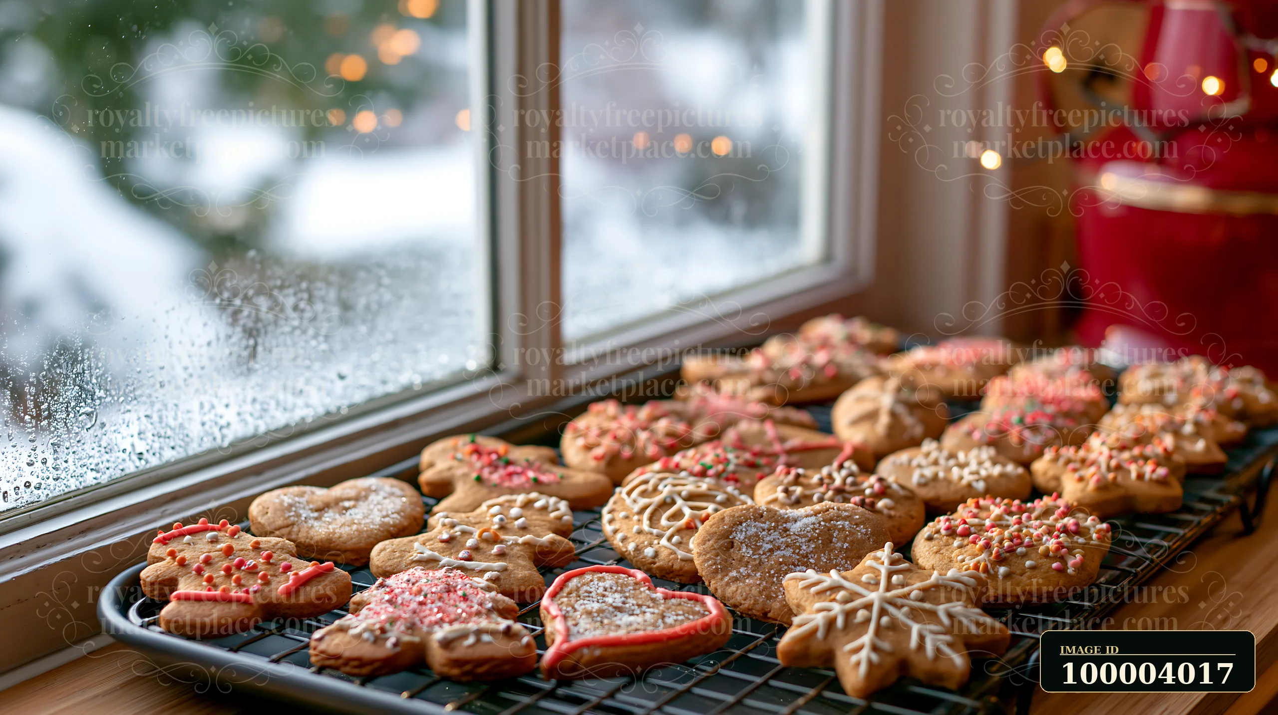 Christmas cookies with colorful icing and sprinkles cool on a metal rack.