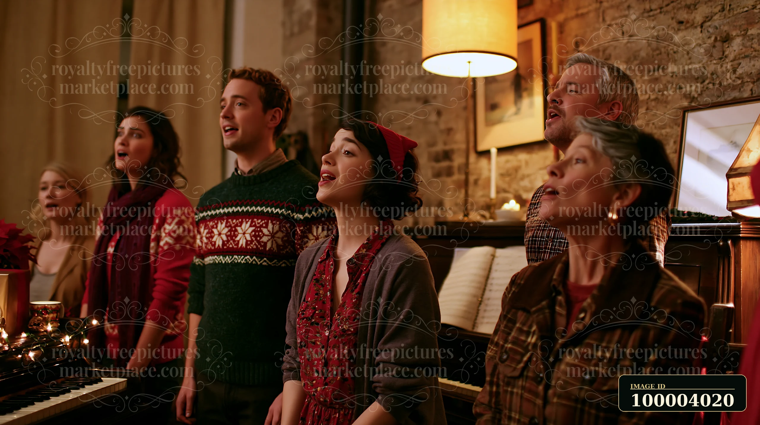 Six family members sing Christmas carols together in a warmly lit room beside a piano.