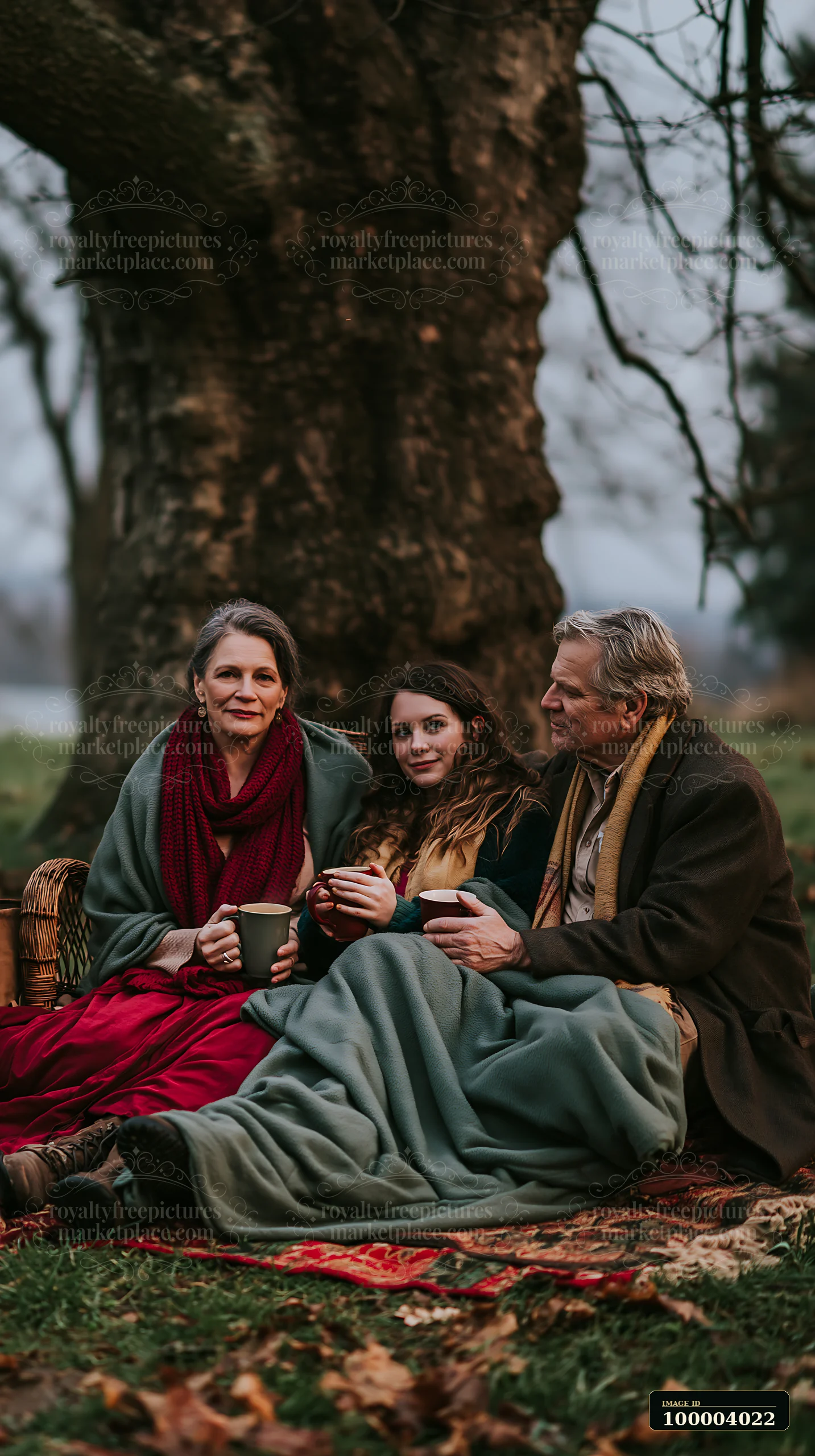 Three family members sit beneath a large tree, sharing blankets and warm drinks outdoors.