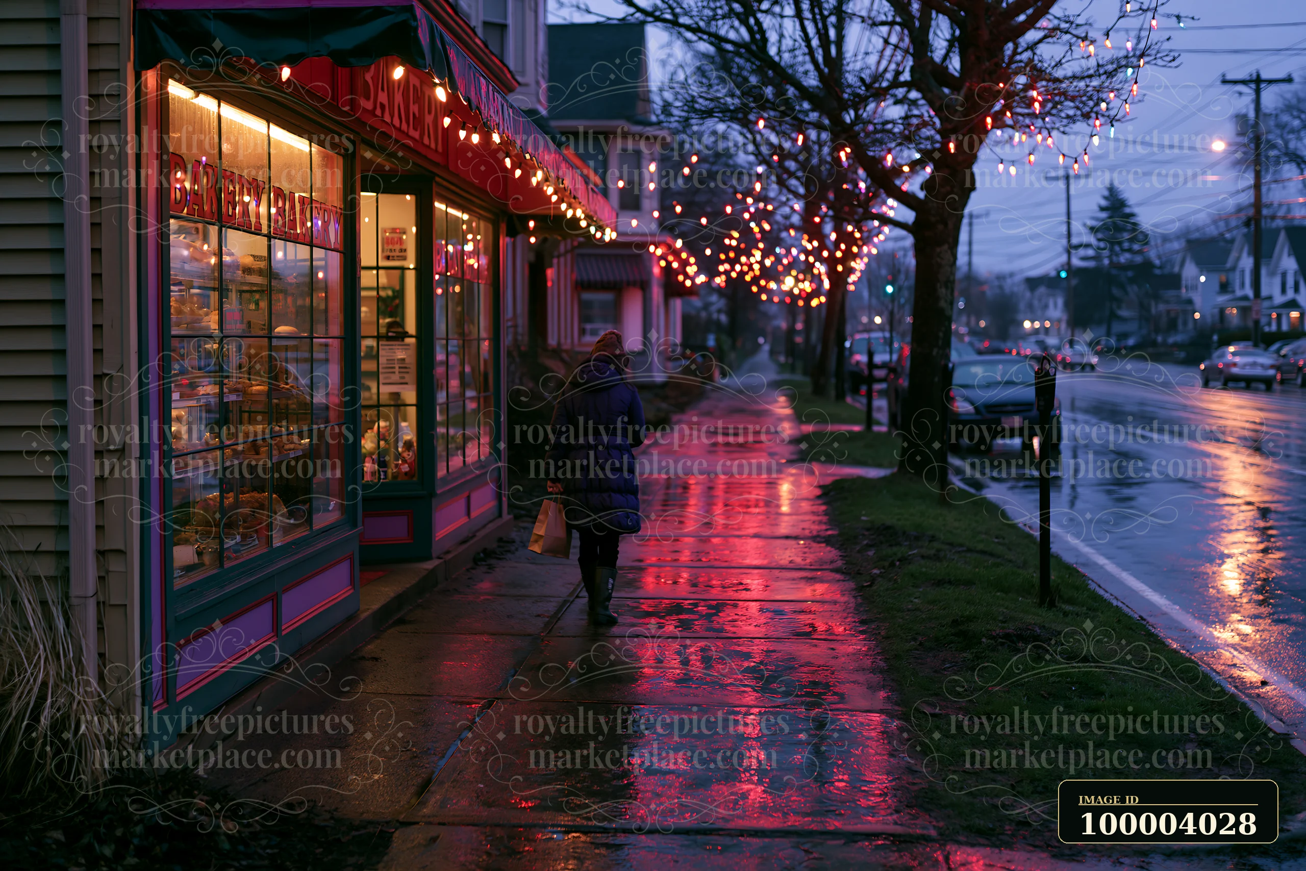 One person walks past a warmly lit bakery on a rainy sidewalk with Christmas lights reflecting on wet pavement.