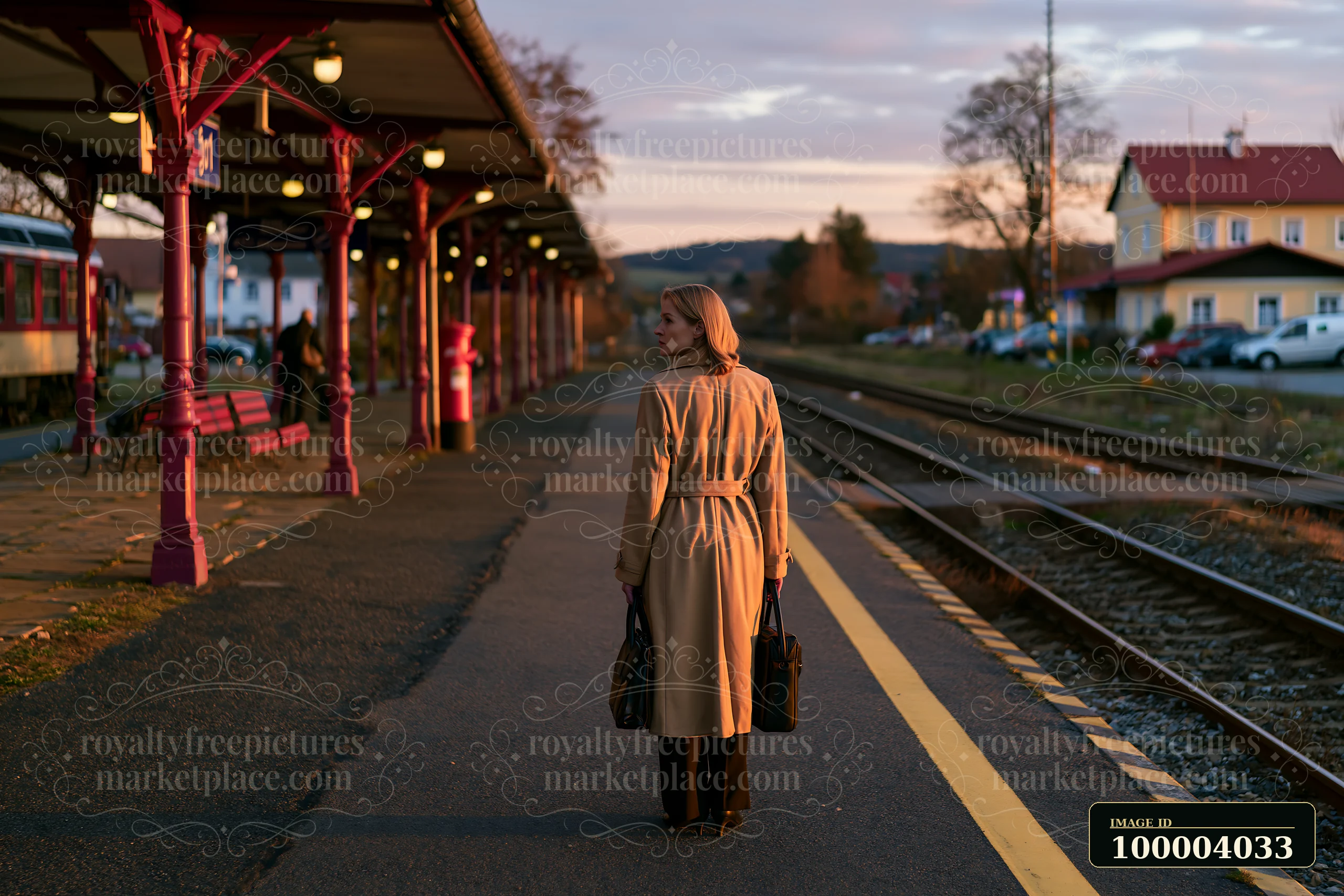 Businesswoman carrying bags walks along a railway station platform beside the tracks at sunset.