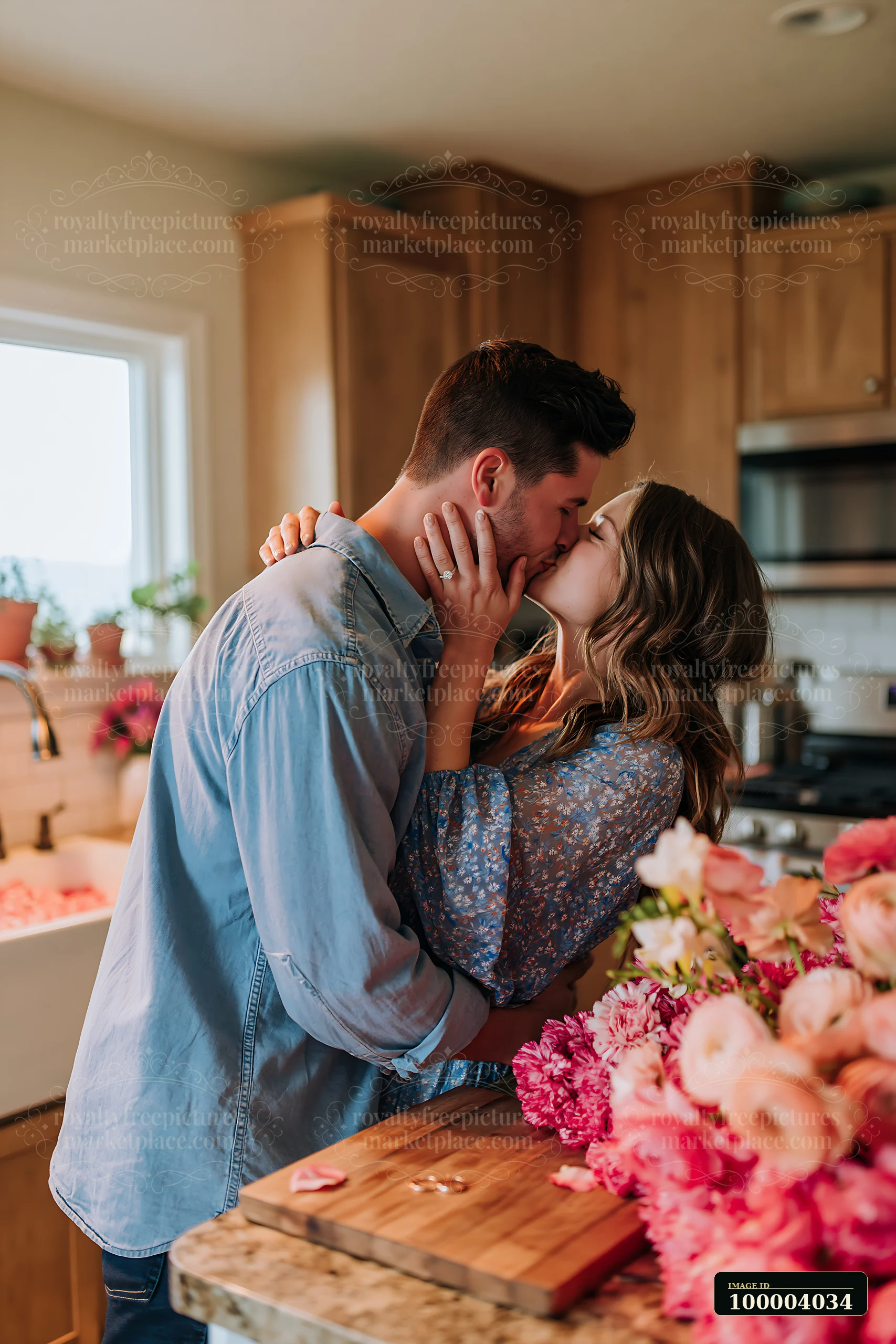 A couple is kissing in a kitchen filled with flowers.