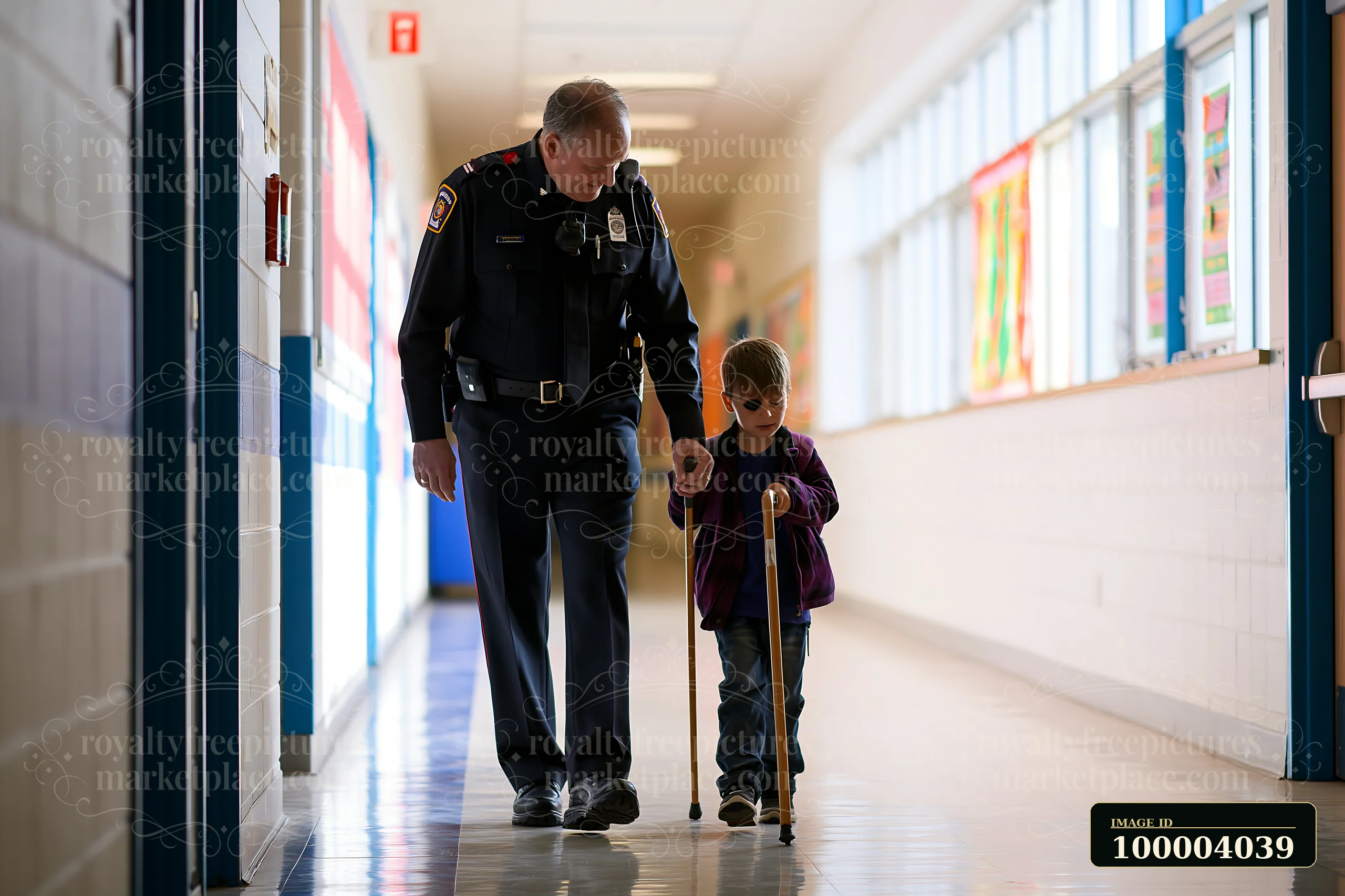 Uniformed police officer walks beside a child using crutches in a bright school hallway.
