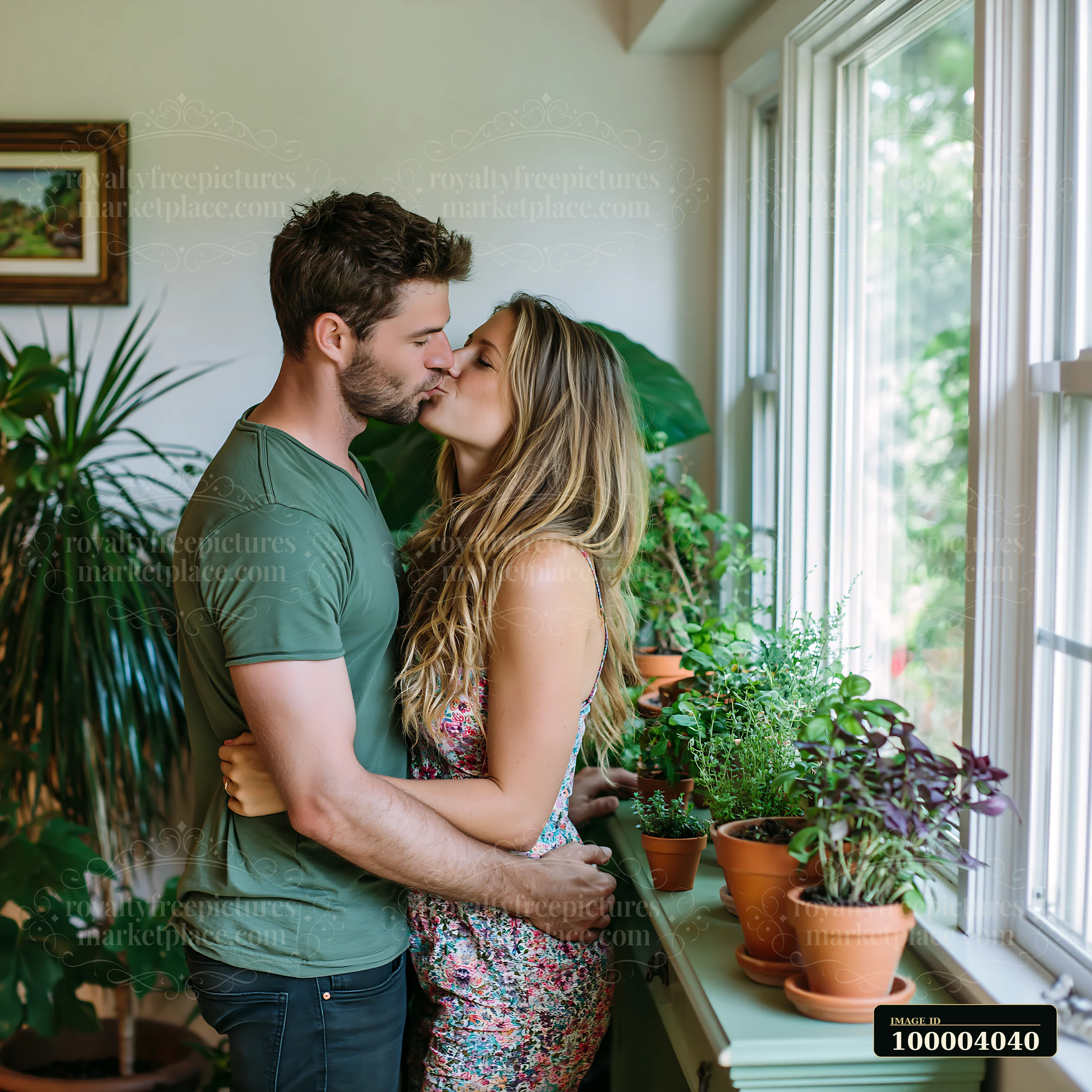 Couple kisses beside potted plants near a bright window inside their home.